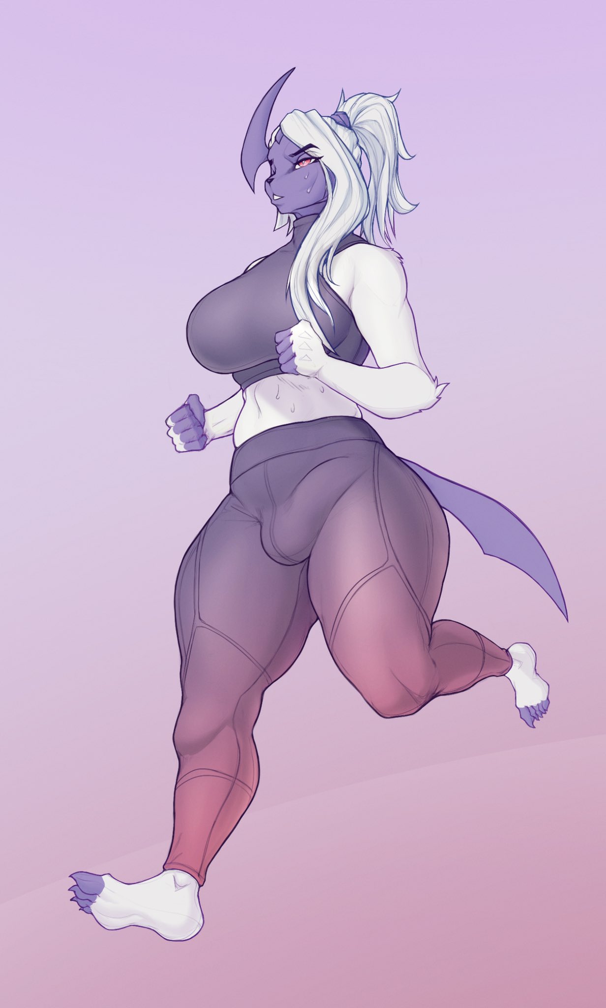 1futa, 2022, absol, anthro, balls, balls bulge, balls under clothes, big breasts, big penis, breasts, bulge, bulge to side, cameltail, clothed, clothing, dickgirl, erection, erection under clothes, fully clothed, furry, futa only, futanari, intersex, jogging, leggings, orinvega, pants, penis, penis bulge, penis under clothes, pokémon (species), pokemon, pokemon (species), running, solo, standing, thick thighs, workout, workout clothes