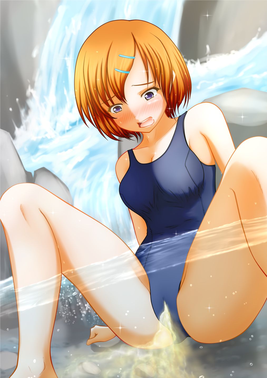 1girls bare_shoulders blush bob_cut brown_hair cameltoe embarrassed feet in_water legs one-piece_swimsuit peeing peeing_into_water peeing_self peeing_underwater pullpull15 swimsuit swimwear urinating urinating_female urination urine urine_stream waterfall