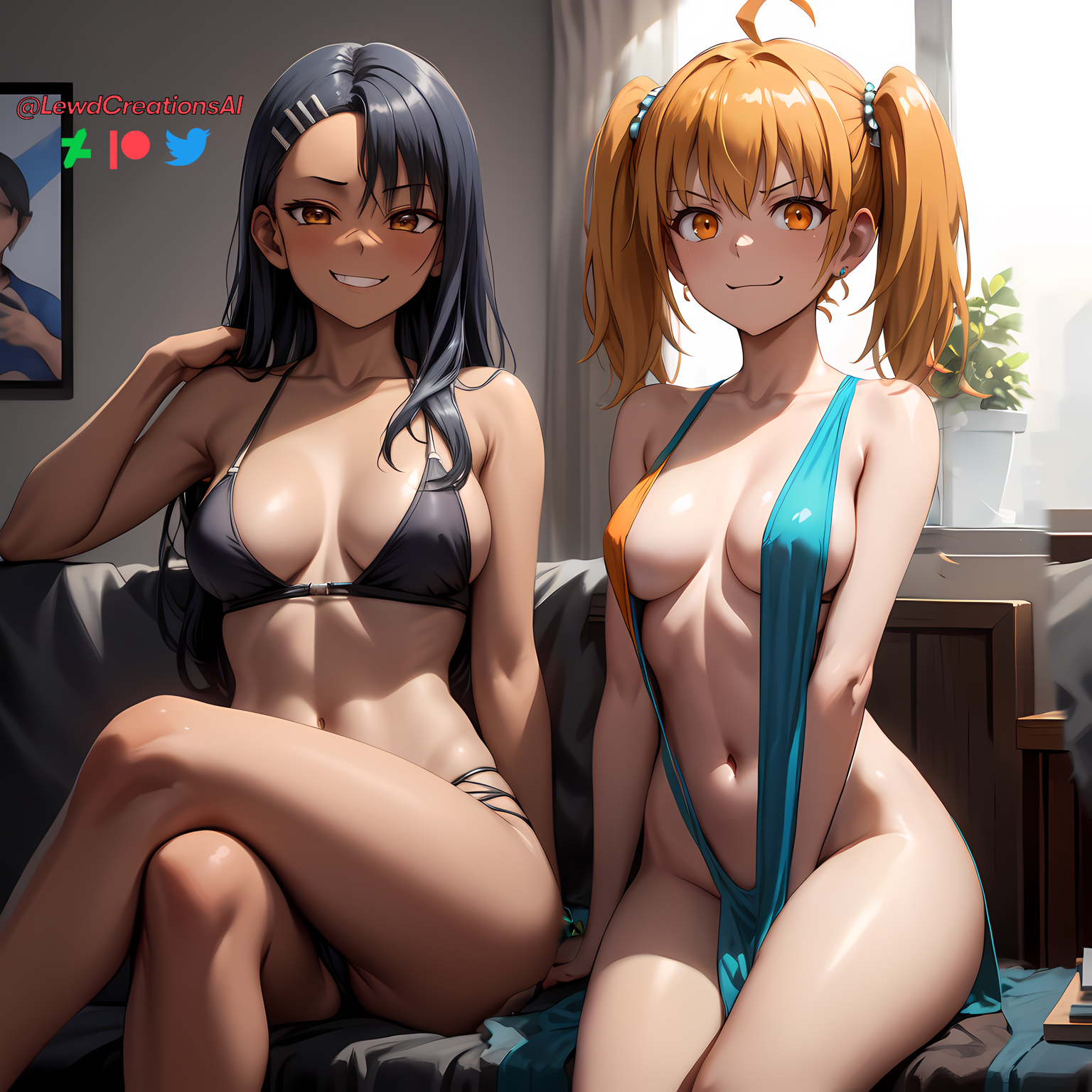 2girls, ai generated, black hair, blonde hair, breasts, brown eyes, cleavage, clothed, clothing, crossed legs, dress, female, female focus, female only, hayase nagatoro, lewdcreationsai, lingerie, long hair, looking at viewer, medium hair, navel, please don't bully me, nagatoro, revealing clothes, sitting, sling bikini, slingshot swimsuit, smirk, thick thighs, thighs, thighs together, twintails, watermark, yoshi (nagatoro)