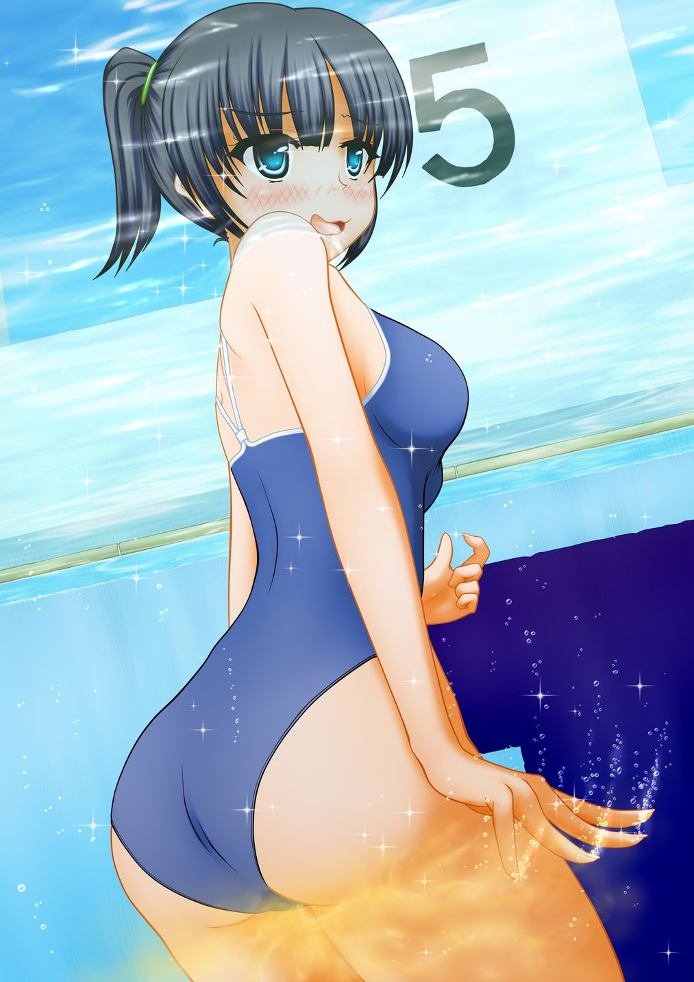 ass back_view blush embarrassed medium_breasts nervous one-piece_swimsuit peeing peeing_in_pool peeing_in_swimsuit peeing_self peeing_underwater pullpull15 swimsuit swimwear urinating_female water