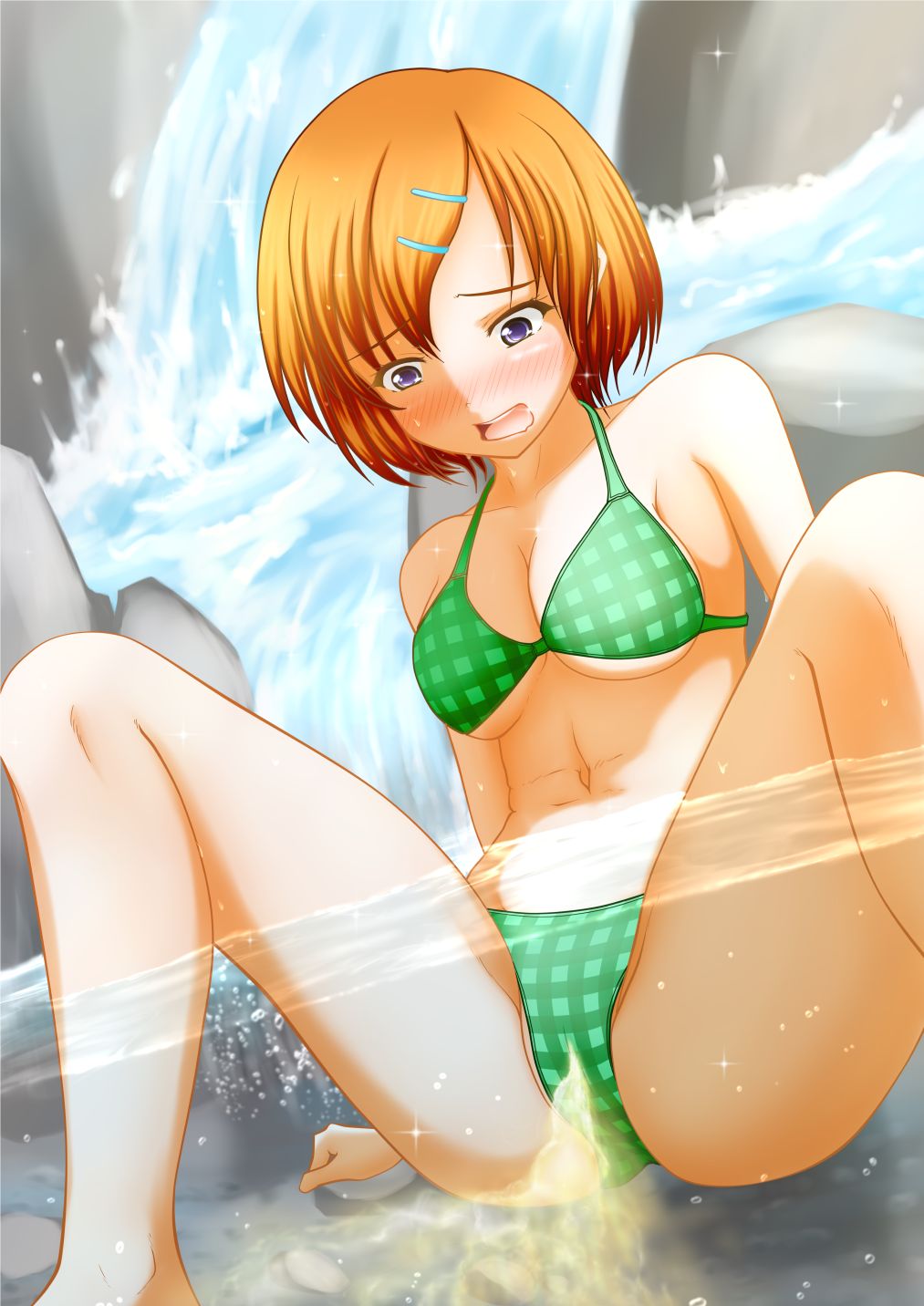 1girls bare_shoulders belly_button bikini bikini_bottom bikini_top blush bob_cut brown_hair cameltoe embarrassed feet in_water legs peeing peeing_into_water peeing_self peeing_underwater pullpull15 swimsuit swimwear urinating urinating_female urination urine urine_stream waterfall