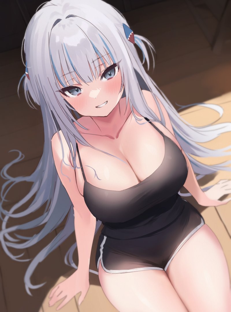 1girls aged_up alternate_breast_size bare_shoulders big_breasts blush breasts busty camisole cleavage dolphin_shorts female_only gawr_gura grin hololive hololive_english hololive_myth long_hair looking_at_viewer nikuya_(nikuniku_nikuya) short_shorts shorts sitting smile smiling smiling_at_viewer solo solo_female streaked_hair thighs virtual_youtuber