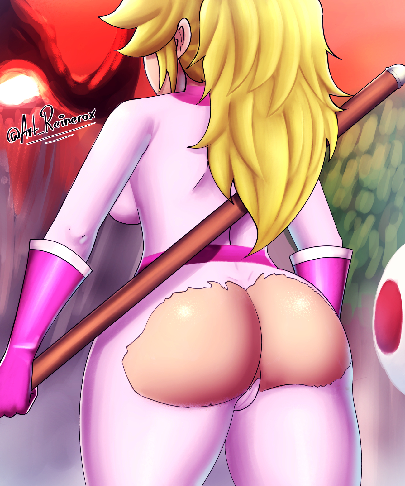 1boy, 1girls, ass, back, back view, bare ass, big ass, blonde hair, breasts, curvy, exposed ass, female, female focus, fully clothed, legs, male, mario (series), nintendo, no panties, princess peach, pussy, reinerox, solo focus, standing, super mario bros. (2023 film), thick, thick thighs, toad (mario), torn clothes