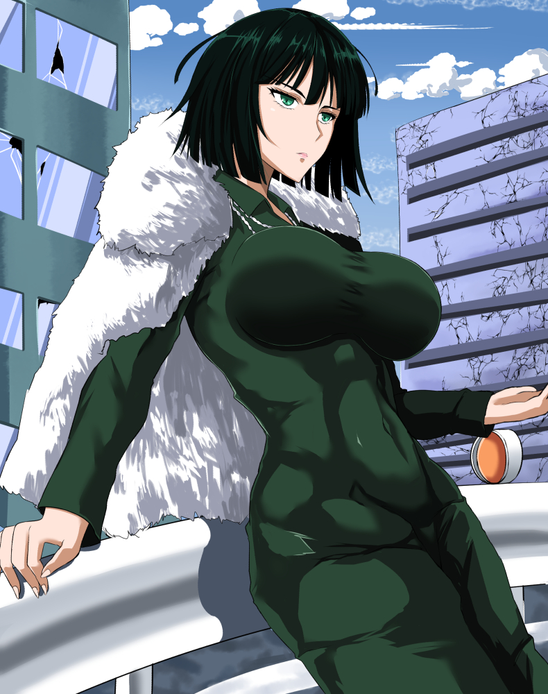 1girls, abs, bangs, black hair, breasts, coat, covered navel, day, dress, female, fubuki (one-punch man), fur coat, green eyes, huge breasts, impossible clothes, one-punch man, short hair, solo, standing, takara joney