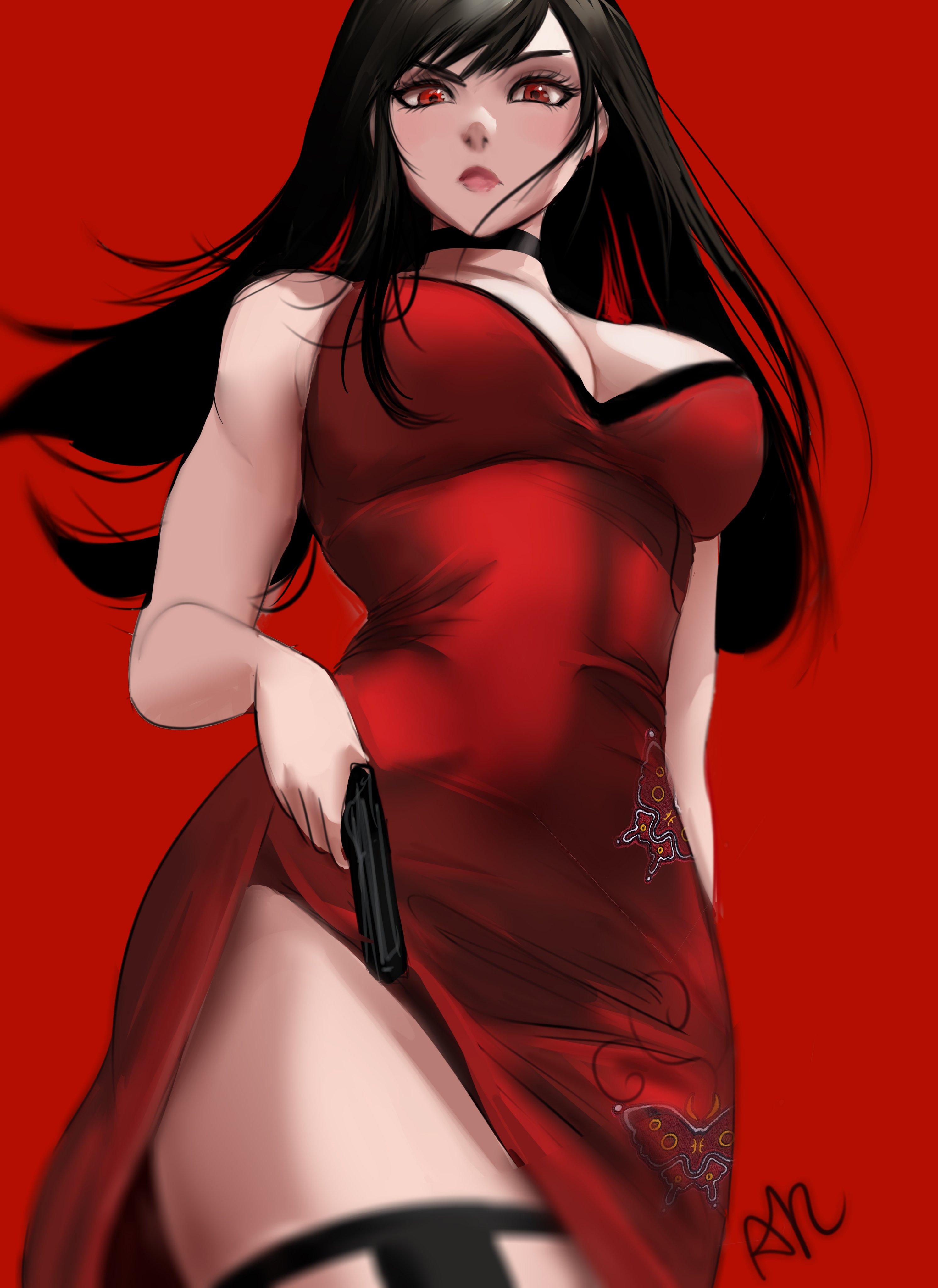 1girls, 2d, ada wong, ada wong (caroline ribeiro), arialla draws, black hair, choker, cleavage, dress, female, female focus, female only, final fantasy, final fantasy vii, final fantasy vii remake, front view, frown, fully clothed, gun, handgun, long hair, looking at viewer, red background, red dress, red eyes, resident evil, resident evil 4, solo, thighs, tifa lockhart