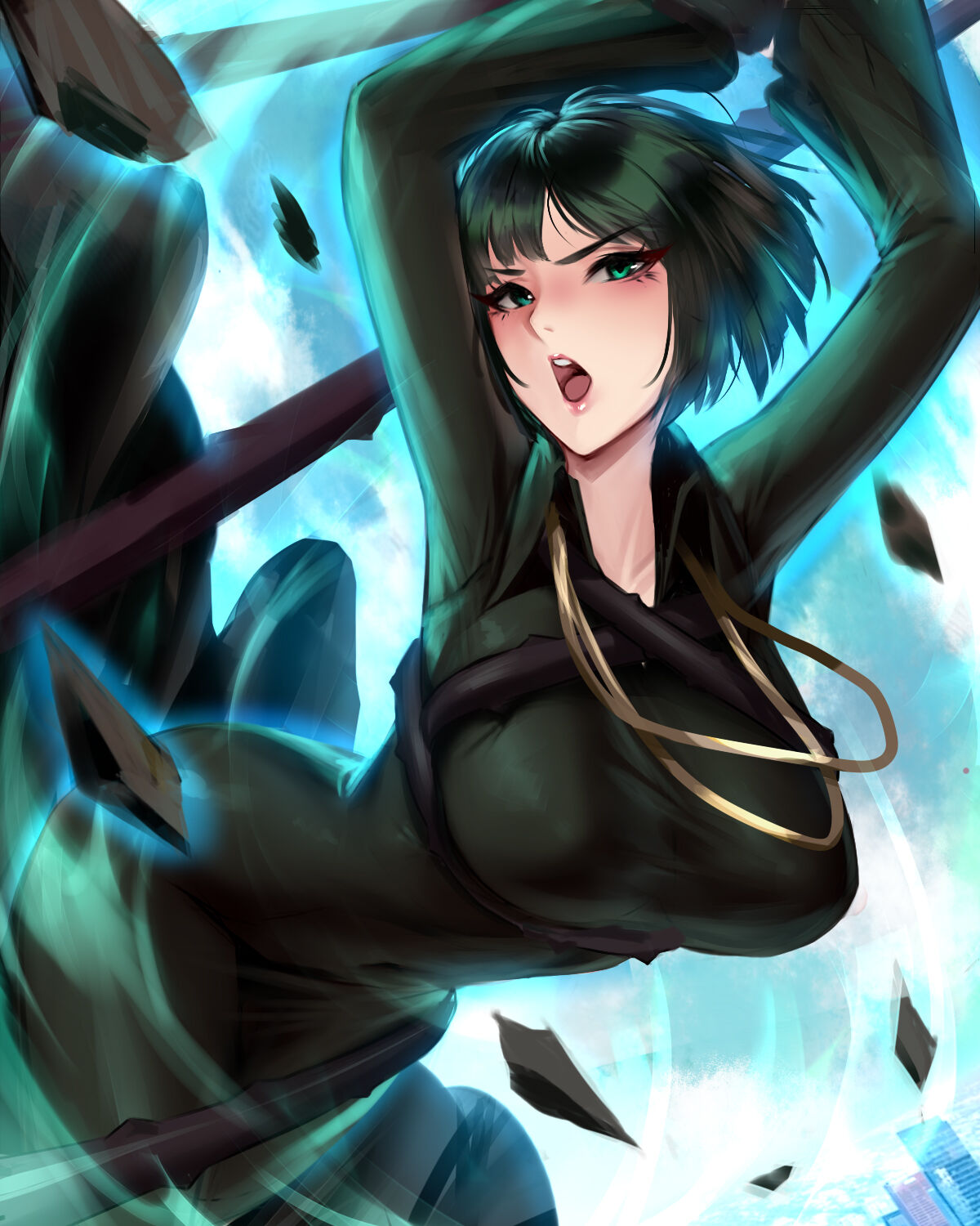1girls, arms up, bent over, black hair, blush, breasts, cianyo, collarbone, dress, female, fubuki (one-punch man), green eyes, huge breasts, looking at viewer, one leg up, one-punch man, short hair