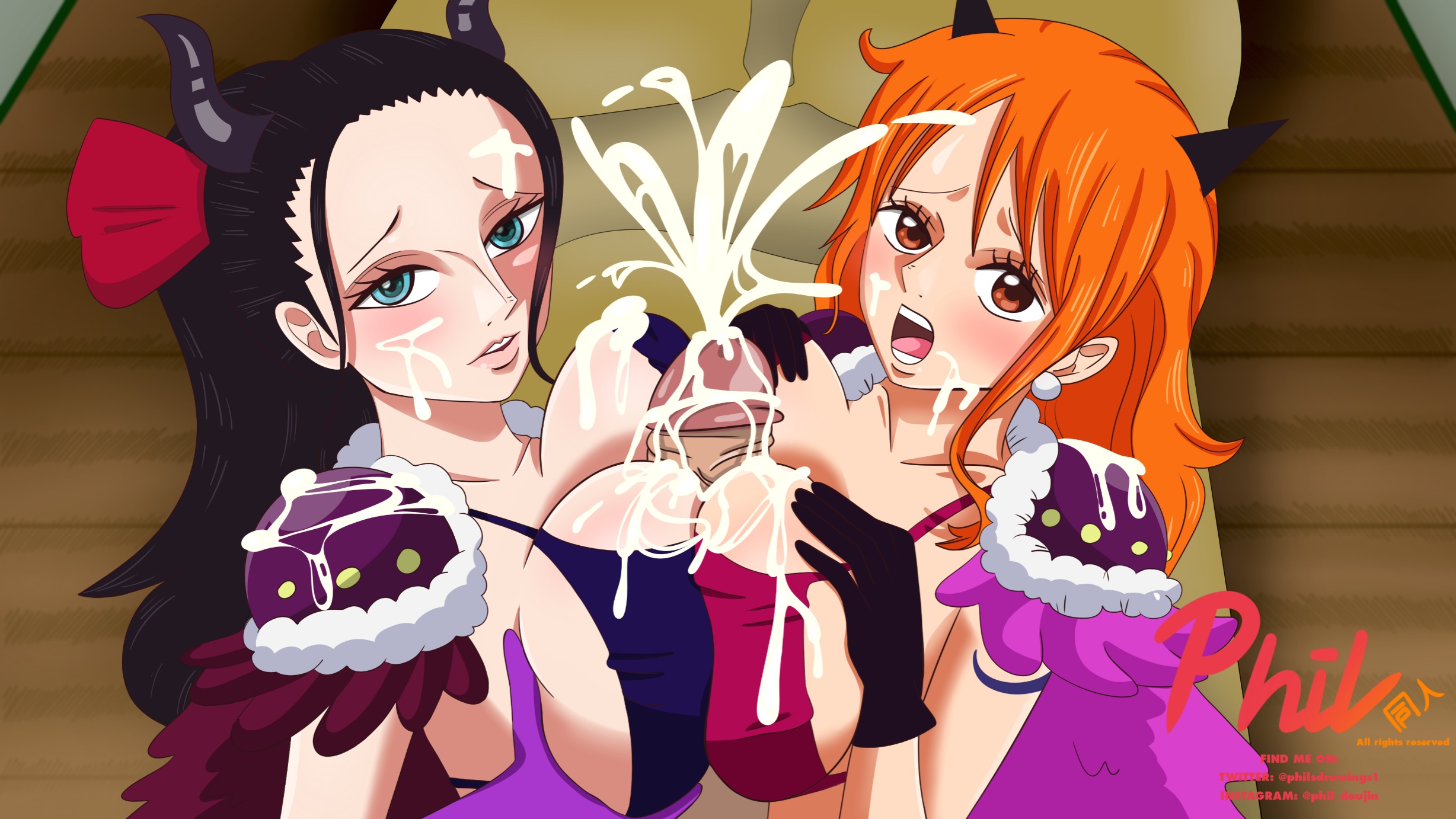 1boy, 2girls, arm tattoo, beast pirates (cosplay), black hair, black-haired female, blue eyes, blue tattoo, blush, breasts, cum, cum between breasts, double paizuri, female, male, nami (one piece), nico robin, one piece, orange hair, orange-haired female, paizuri, philsdrawings1, post-timeskip, red eyes, straight hair, tagme, tattoo, threesome, wano country