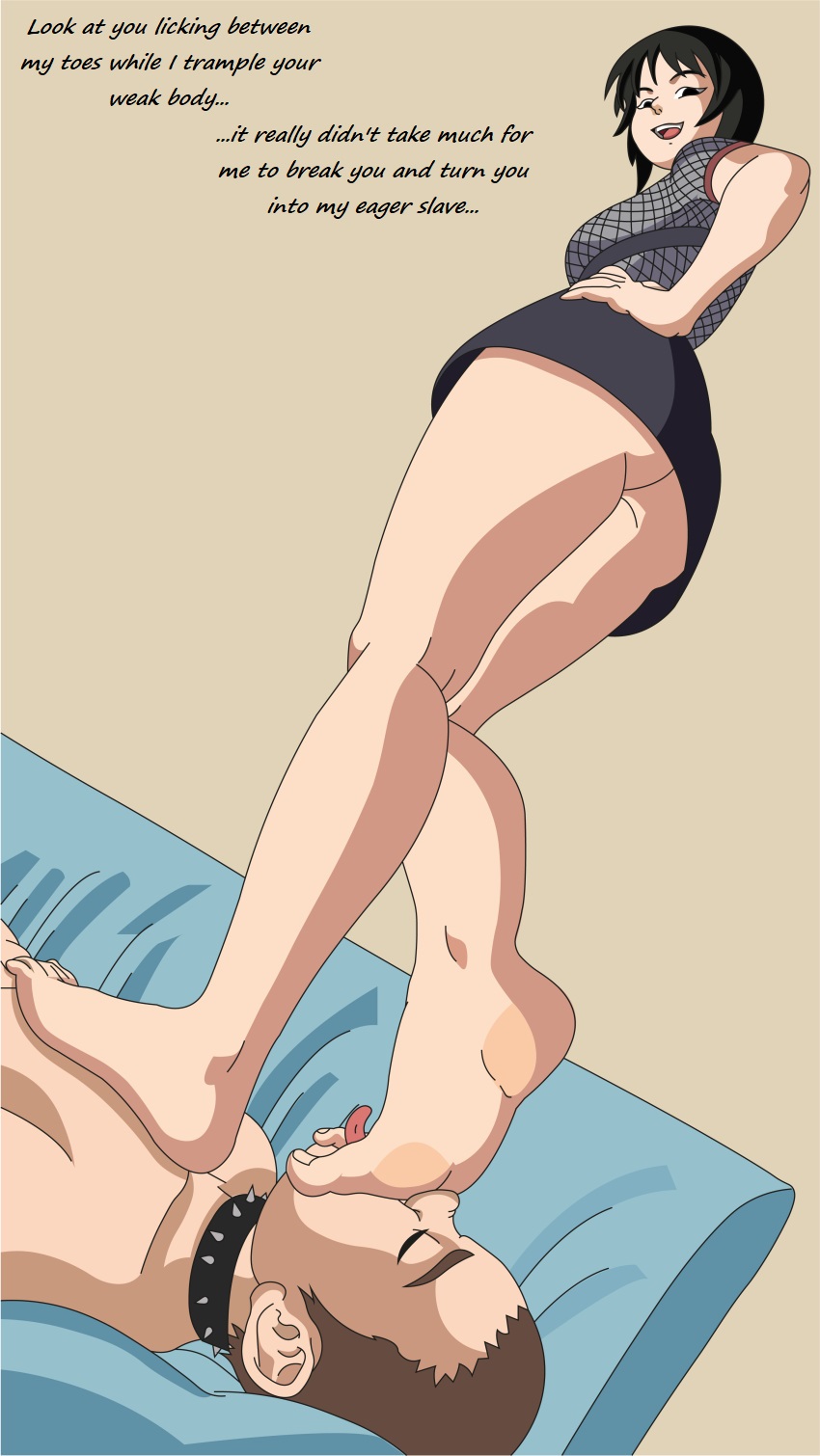 1boy, 1girls, always-under-feet, ass, bare legs, barefoot, big ass, black hair, brown hair, dominant, dominant female, domination, female, fetish, foot fetish, foot focus, foot worship, katsunan, kimono, long hair, lying on back, male, male/female, masochism, masochist, naruto, naruto (series), naruto shippuden, no panties, shizune, short kimono, smile, standing, stepped on, stepping on face, stepping on head, submissive, submissive male, talking, talking to another, text, underass