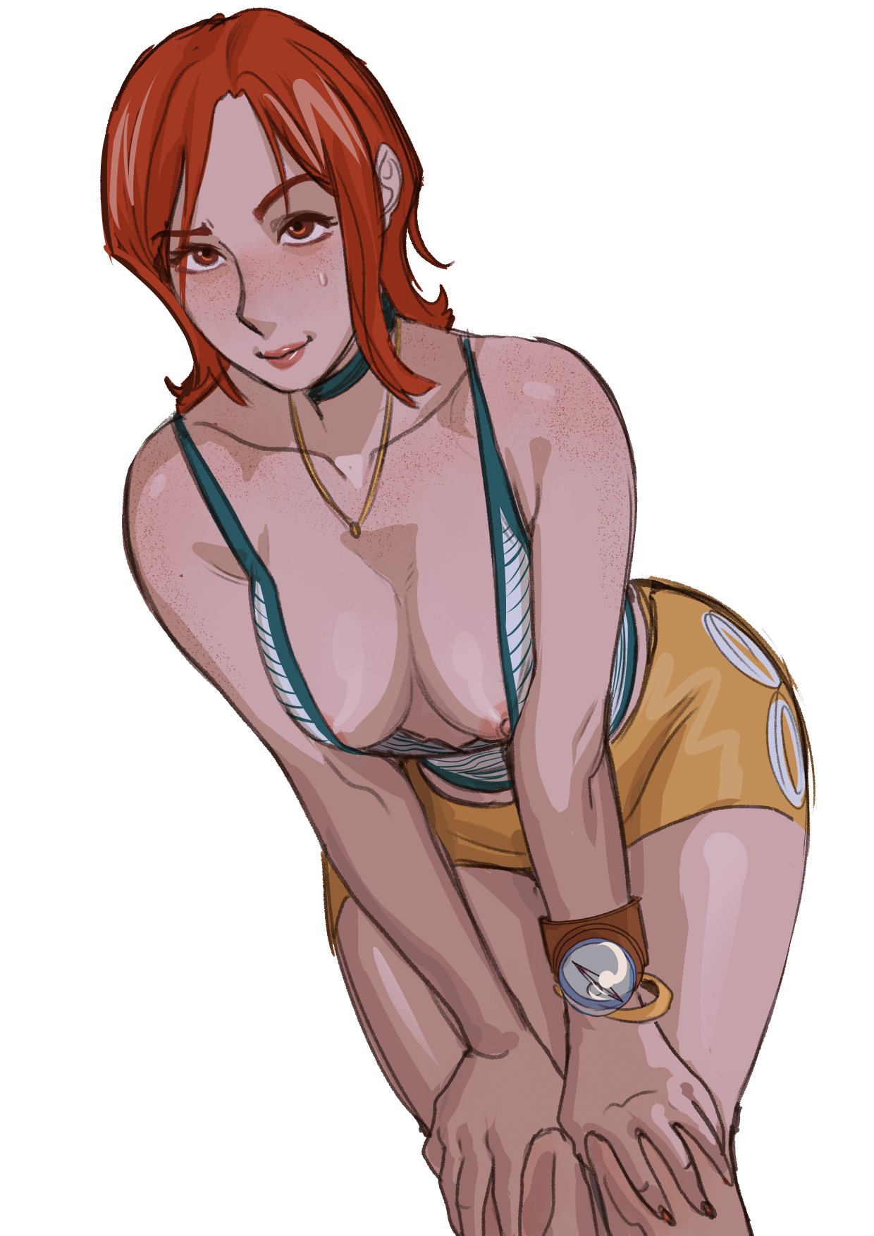 1girls, bent over, breasts, cleavage, downblouse, female, female only, freckles, leaning forward, lips, log pose, medium breasts, nami (one piece), nastacicnsfw, nipple slip, nipples, one piece, orange hair, orange-haired female, pre-timeskip, short shorts, shorts, solo, straight hair, white background