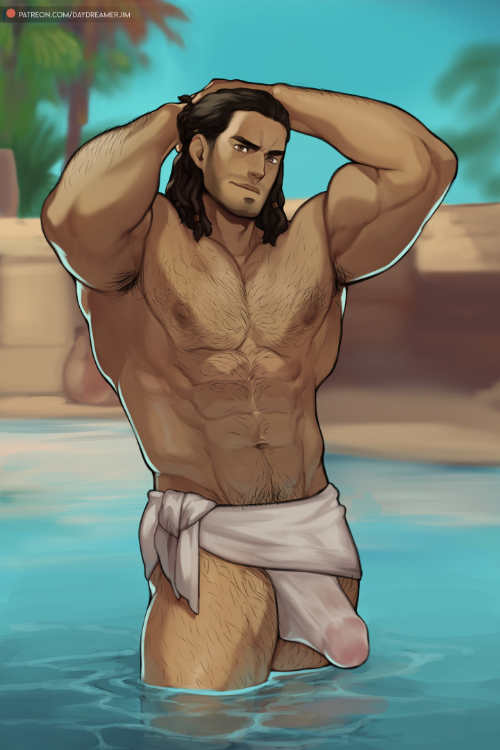 1boy 1male abs adonis_belt alexios armpit_hair armpits arms_up assassin's_creed_(series) assassin's_creed_odyssey bara black_hair body_hair brown_eyes bulge bulge_through_clothing chest_hair daydreamerjim erect_penis erection erection_pushing_underwear facial_hair greek hairy hairy_armpits hairy_arms hairy_chest hairy_male hairy_thighs hands_behind_head huge_cock huge_penis human human_only looking_at_viewer male male_focus male_only medium_hair muscular muscular_male outdoors outside pecs pectorals penis penis_outline pool pubic_hair six_pack standing stubble towel towel_around_waist towel_only treasure_trail underwear underwear_only water wet wet_towel wet_underwear white_underwear