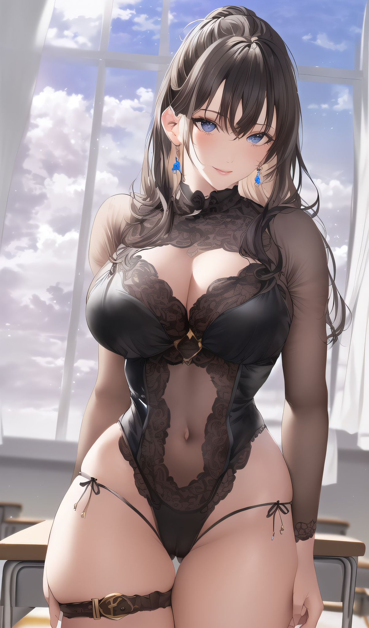 1girls, ai generated, big breasts, black clothing, black hair, breasts, female, female only, high resolution, highres, long hair, looking at viewer, nai diffusion, original, solo, stable diffusion