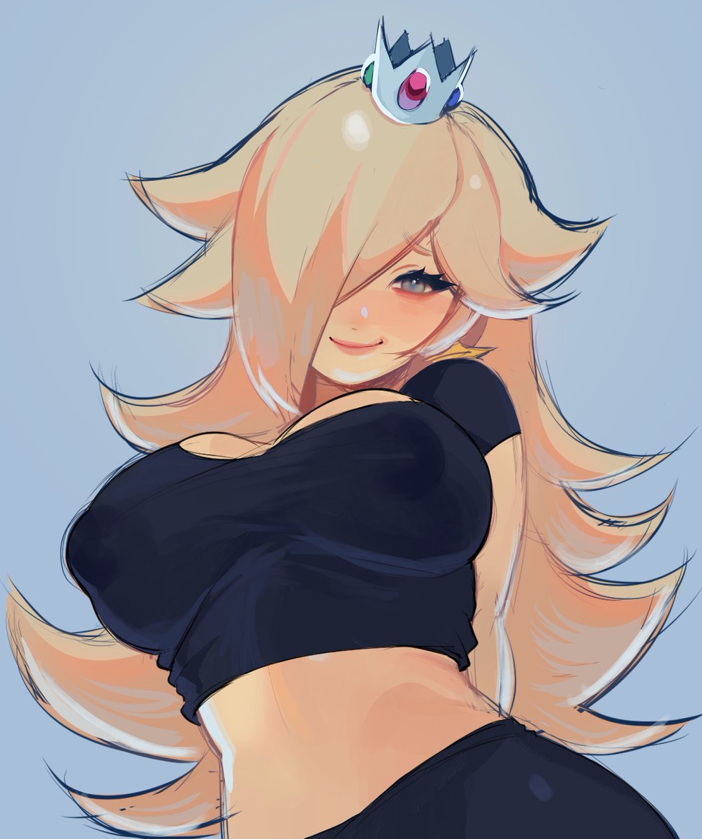 1girls big_breasts blonde_hair breasts busty clothed clothed_female clothes clothing crop_top crown curvy curvy_body curvy_female curvy_hips cute dark_circles droog female female_only gym_clothes hands_behind_back long_hair looking_at_viewer mario_(series) nintendo nipples nipples_visible_through_clothing one_eye_covered pale_blue_eyes pants princess_rosalina seductive_smile shiny_hair solo solo_female thick_hips thick_thighs thighs wide_hips workout_clothes workout_clothing workout_outfit yoga_pants