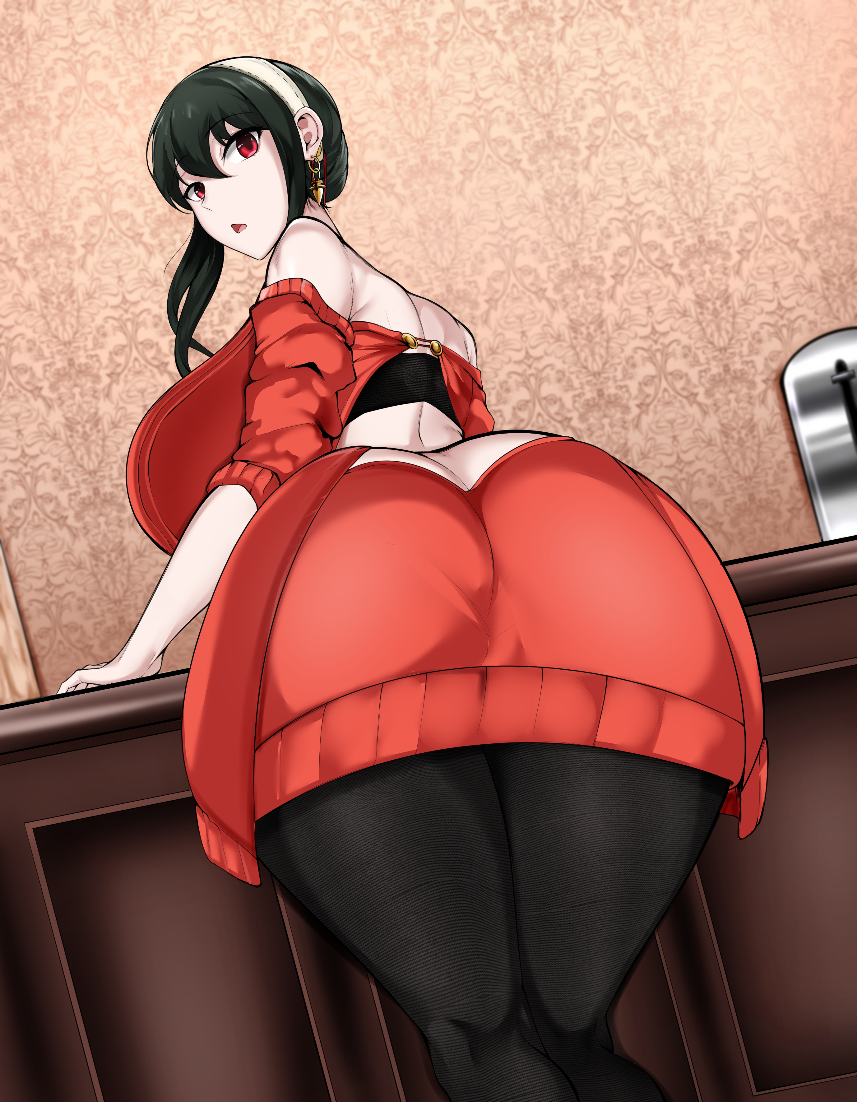 1girls, alternate version available, ass, ass cleavage, ass crack, big ass, big breasts, big butt, black hair, breasts, butt crack, clothing, earrings, fat ass, female, female only, hi res, highres, huge breasts, large ass, large breasts, long sleeves, looking at viewer, looking back, owner (artist), pantyhose, red eyes, solo, solo female, spy x family, sweater, thick, thick ass, voluptuous, wide hips, yor briar, yor forger