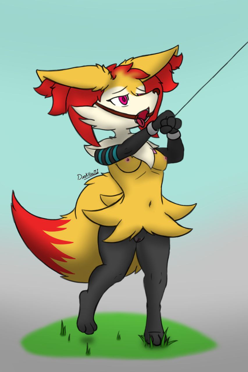 anthro braixen breasts canid canine cuff_(restraint) darkholm1 female fox gag generation_6_pokemon genitals handcuffs hi_res mammal metal_cuffs nintendo open_mouth pokémon_(species) pokemon pokemon_(species) pussy restraints solo video_games