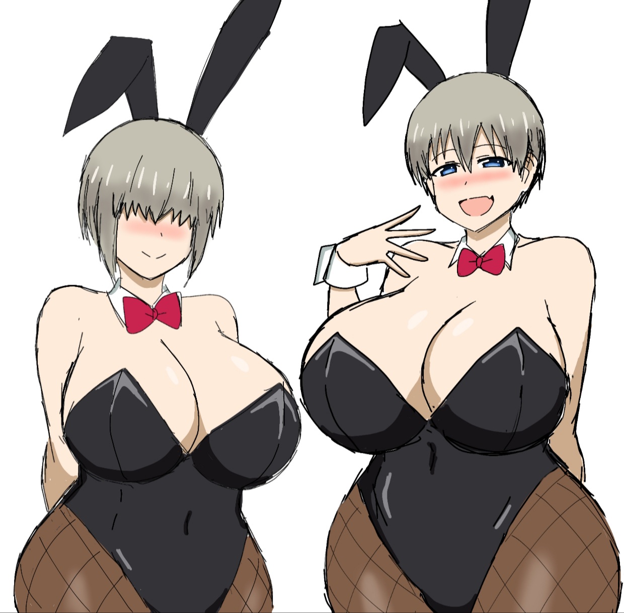 2girls, big breasts, blue eyes, blush, breasts, bunny ears, bunny girl, bunnysuit, busty, cleavage, female, female only, grey hair, hair over eyes, huge breasts, large breasts, light hair, momiji (artist), multiple females, multiple girls, sisters, tan hair, thick thighs, thighs, uzaki hana, uzaki yanagi, uzaki-chan wa asobitai!