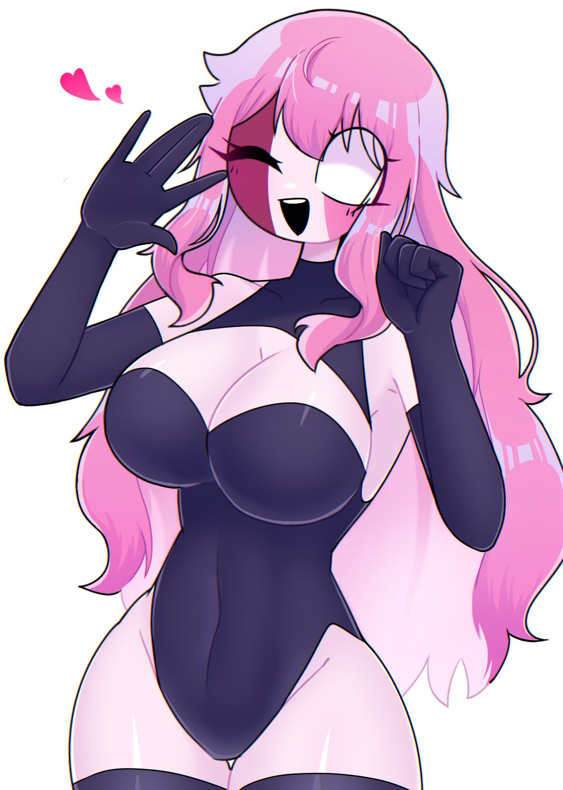 1girls, 4 fingers, 5 fingers, breasts, cleavage, elbow gloves, female, female only, friday night funkin, heart symbol, large breasts, leotard, long hair, looking at viewer, mid-fight masses, no pupils, pink hair, pink skin, sarvente (dokki.doodlez), sarvente (friday night funkin), slim, thighhighs, thighs, two-tone hair, wink, yume0534