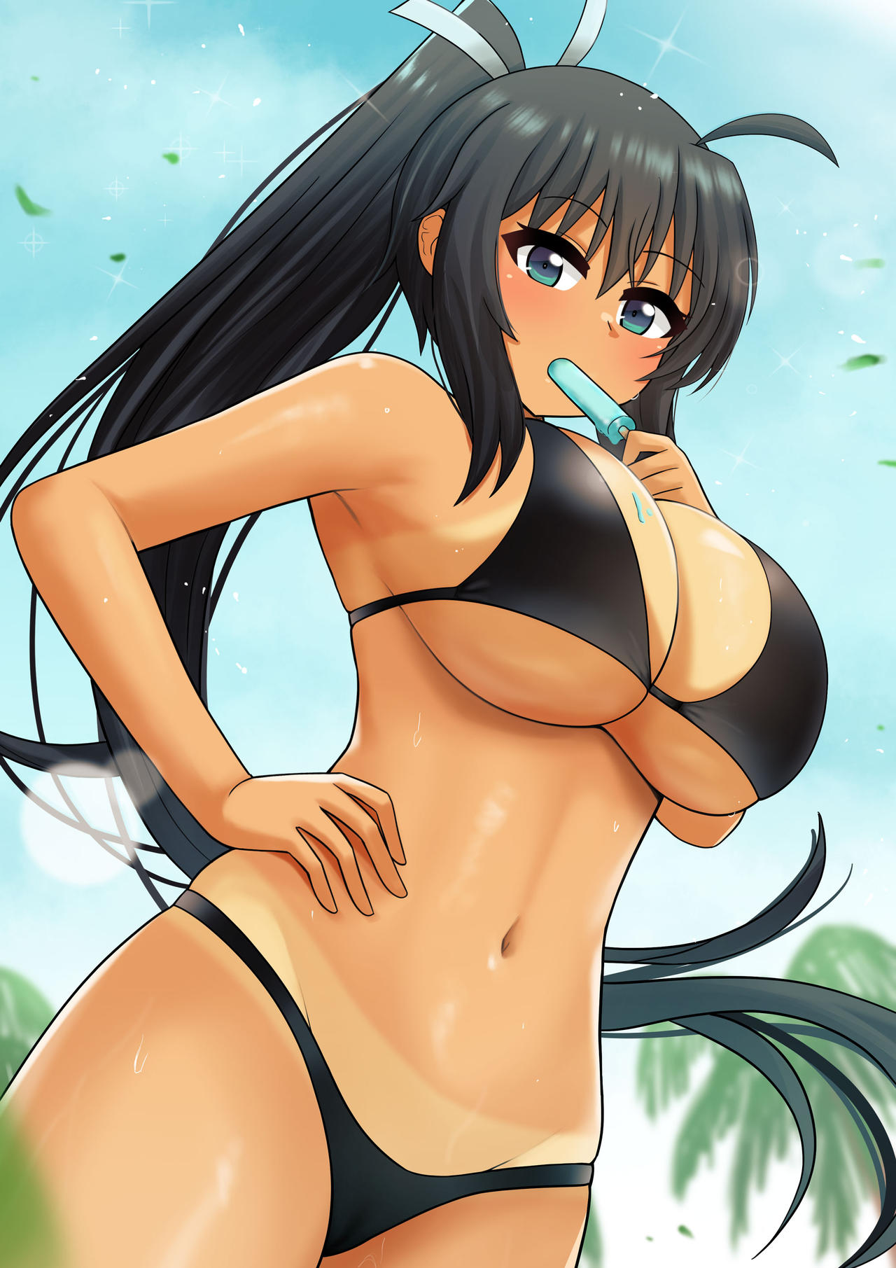 1girls, ahoge, bangs, bare shoulders, beach, bikini, black bikini, black hair, breasts, cleavage, cowboy shot, dutch angle, eating, female, female only, hair between eyes, hand on hip, highres, holding, homura (senran kagura), large breasts, looking back, navel, palm tree, popsicle, senran kagura, sky, sweat, swimsuit, tan, tan skin, tanline, the only shoe, underboob