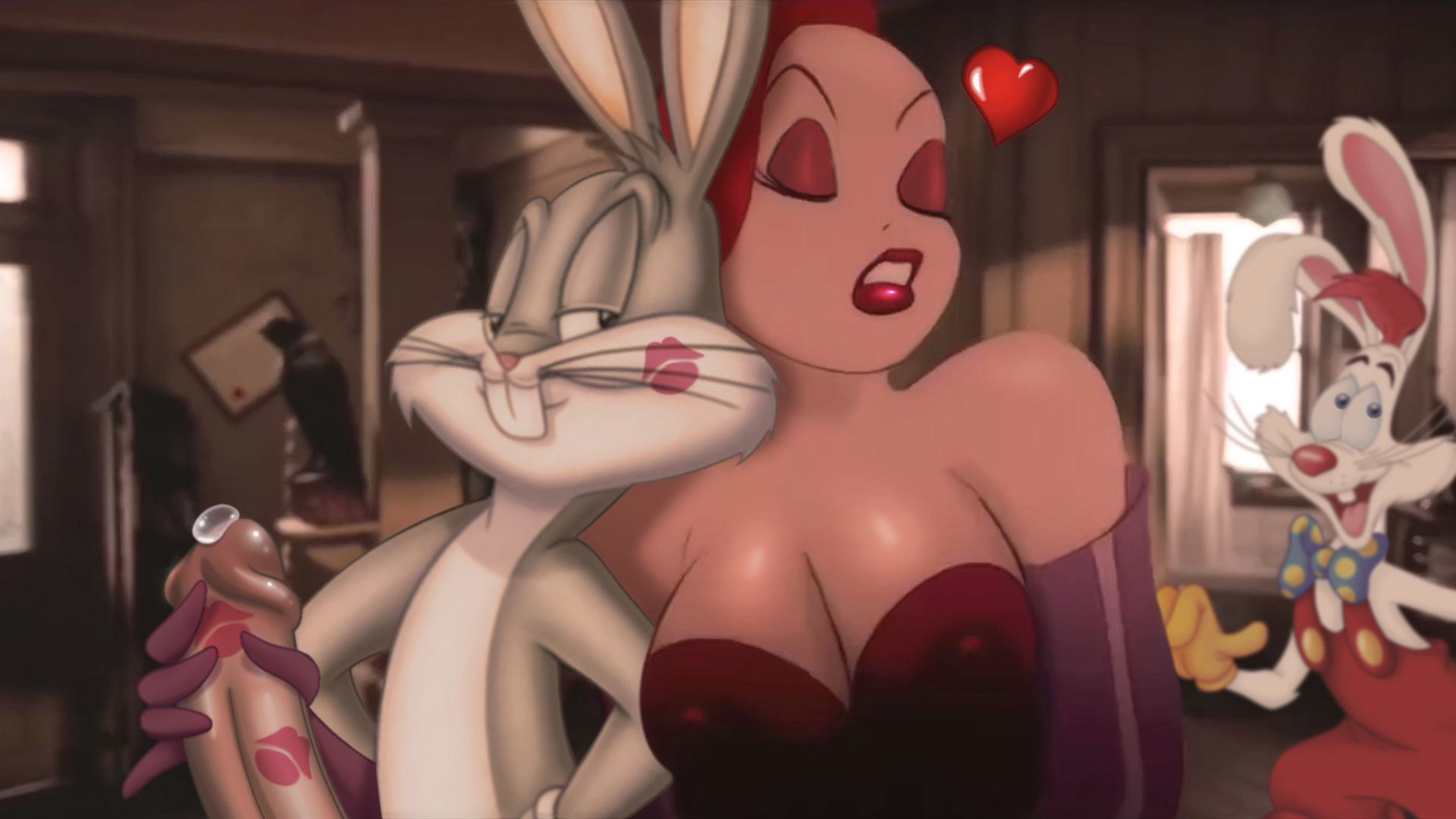 bugs bunny, cheating, cuckold, female, handjob, jessica rabbit, kiss mark, kiss marks, lipstick, lipstick mark, lipstick marks, lipstick on penis, looney tunes, male, nipple bulge, penis, precum, red lips, red lipstick, roger rabbit, tits, who framed roger rabbit
