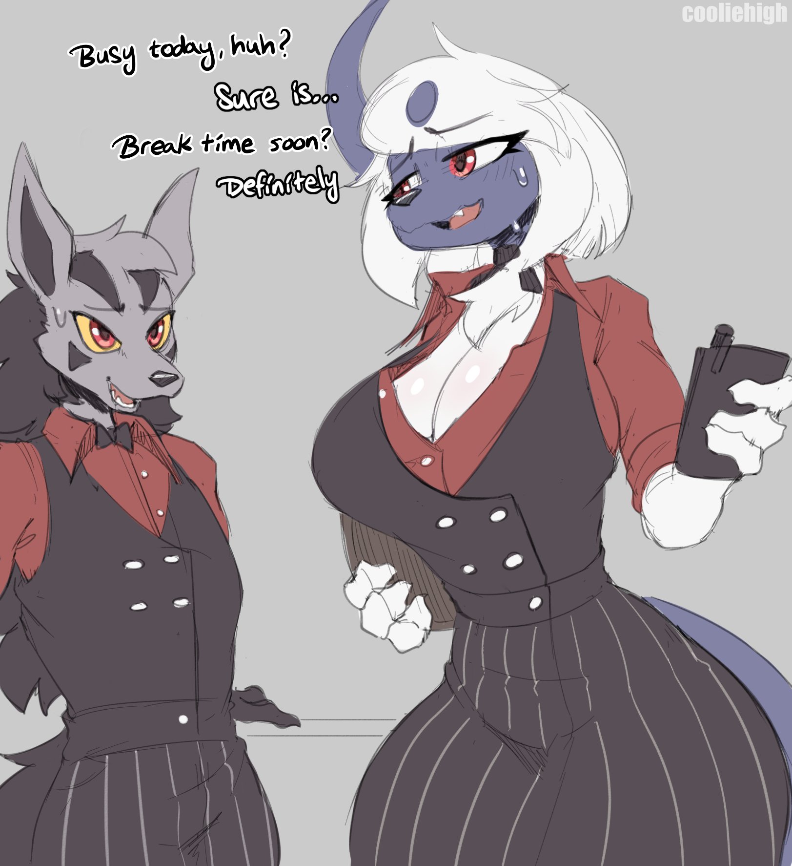 2022, 2d, absol, anthro, anthrofied, artist name, big breasts, black hair, black nose, breasts, cleavage, cooliehigh, dialogue, digital media (artwork), duo, eyebrows visible through hair, eyelashes visible through hair, female, furry, furry female, furry only, grey body, hair, inside, long hair, male, mightyena, nintendo, oerba yun fang, open mouth, pokémon (species), pokemon, pokemon (species), red eyes, short hair, standing, sweat, tagme, text, thick thighs, waiter, waitress, white body, white hair, white sclera, yellow sclera