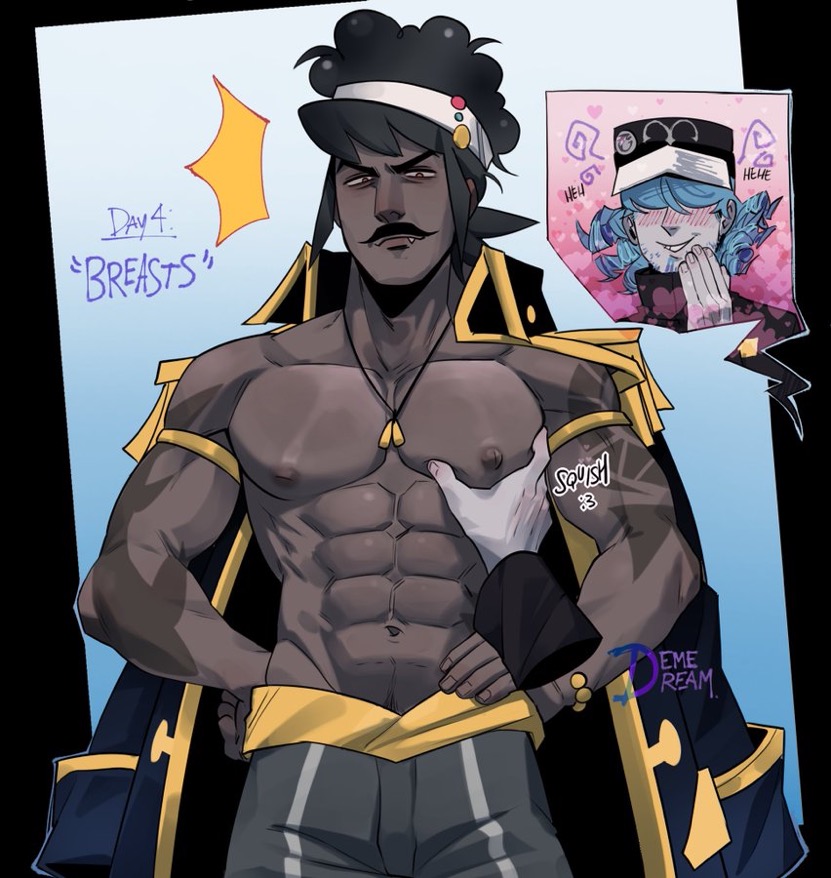 captain caviar cookie, cookie run, cookie run kingdom, dark skin, dark-skinned male, demedream, grabbing pecs, male, male only, melanin, muscles, muscular, muscular male, pecs, republic sailor cookie 2