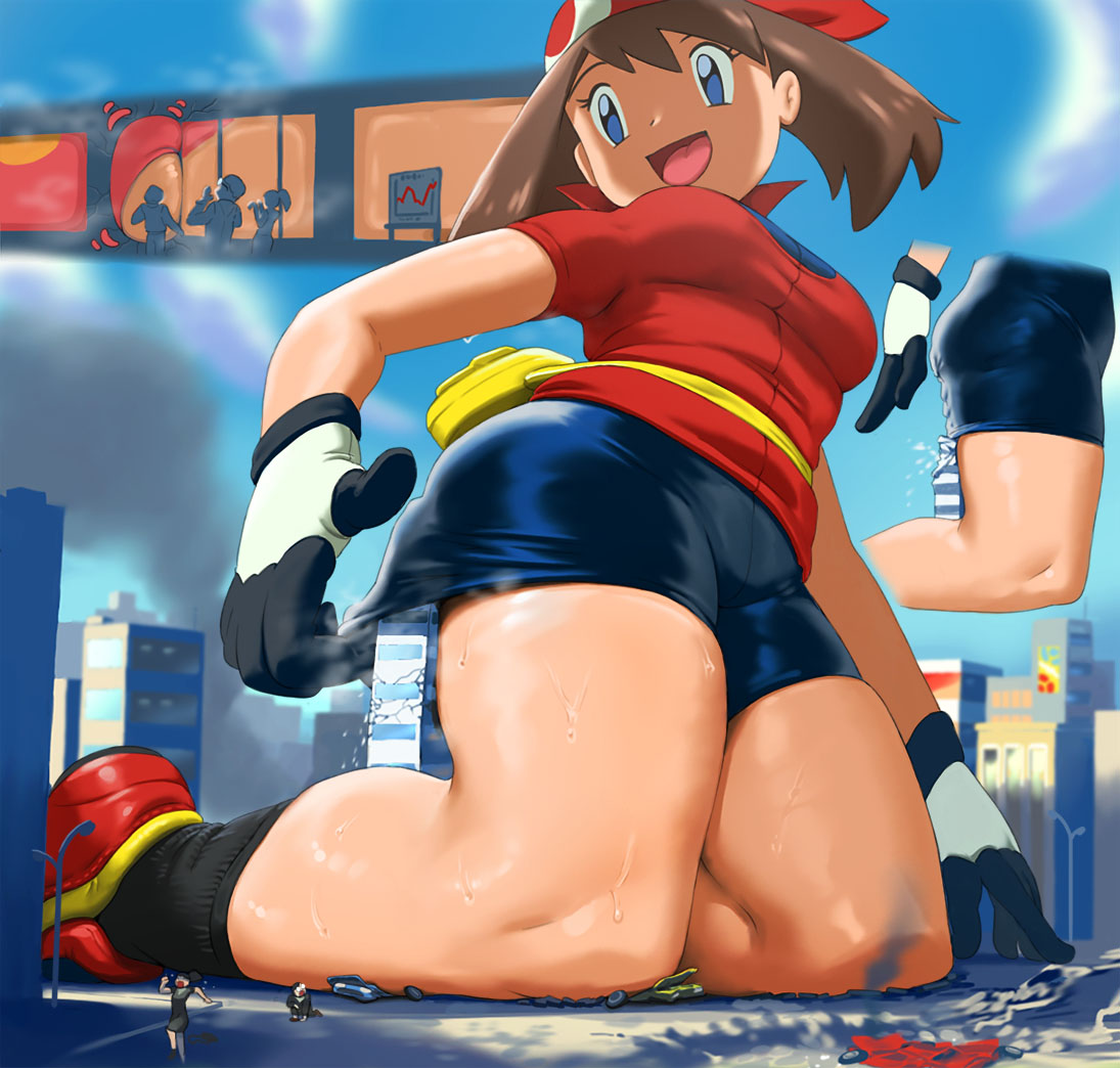 ass bandana big_ass bike_shorts butt_outline color destruction female femdom game_freak giantess human human_only macro may_(pokemon) nintendo pogojo pokemon pokemon_rse sadistic sadistic_girl sadistic_smile sweaty thick_thighs tight_clothing tomboy trapped_in_butt trapped_in_clothing trapped_in_underwear