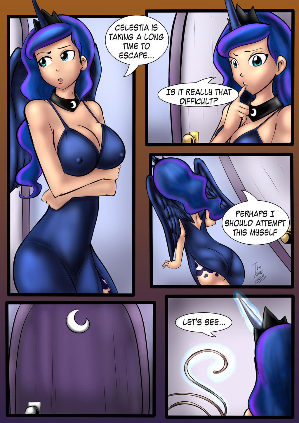 1girls blue_dress breasts choker comic dakuroihoshi door dress english_text green_eyes large_breasts long_hair my_little_pony nipple_bulge pokies princess_luna_(mlp) purple_hair rope side_slit tattoo tattoo_on_legs text text_bubble unicorn unicorn_horn wings