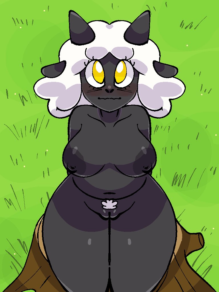 anthro areola big_breasts black_body black_skin blush bovid breasts caprine cel_shading curvy_figure digital_media_(artwork) feild female fluffy fluffy_hair flustered fur genitals grass hair hands_behind_back horn jammedvhs legs_together looking_at_viewer looking_up looking_up_at_viewer mable_(nyta) mammal navel nervous nipples nude outside plant pubes pussy shaded sheep sheep_ears short_stack shortstack simple_background sitting slightly_chubby smile solo stump thick_thighs tree tree_stump tuft voluptuous white_body white_fur white_hair white_wool wide_hips wool_(fur) wool_hair yellow_eyes