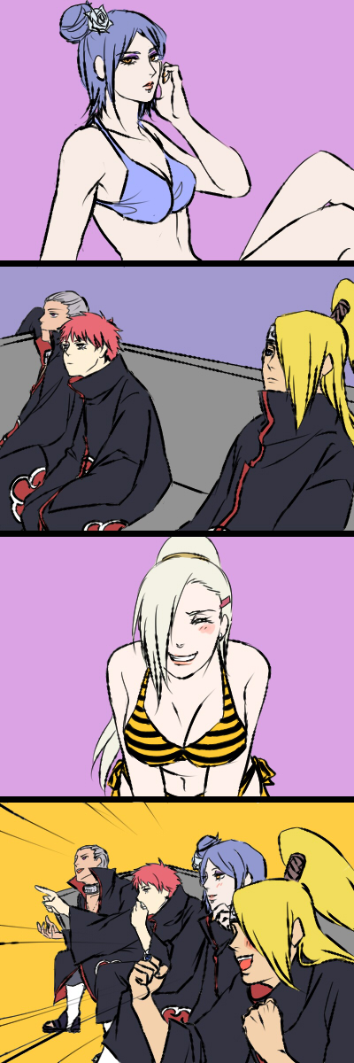 2girls 3boys 4koma aaa_(146503) akatsuki_(naruto) bare_shoulders bikini blonde_hair blue_hair breasts cleavage closed_eyes comic deidara female female_focus grin hair_over_one_eye hidan highres ino_yamanaka konan labret_piercing leaning_forward male meme multiple_boys multiple_girls naruto naruto_(series) naruto_shippuden navel sasori side-tie_bikini_bottom sitting smile striped striped_bikini striped_one-piece_swimsuit swimsuit