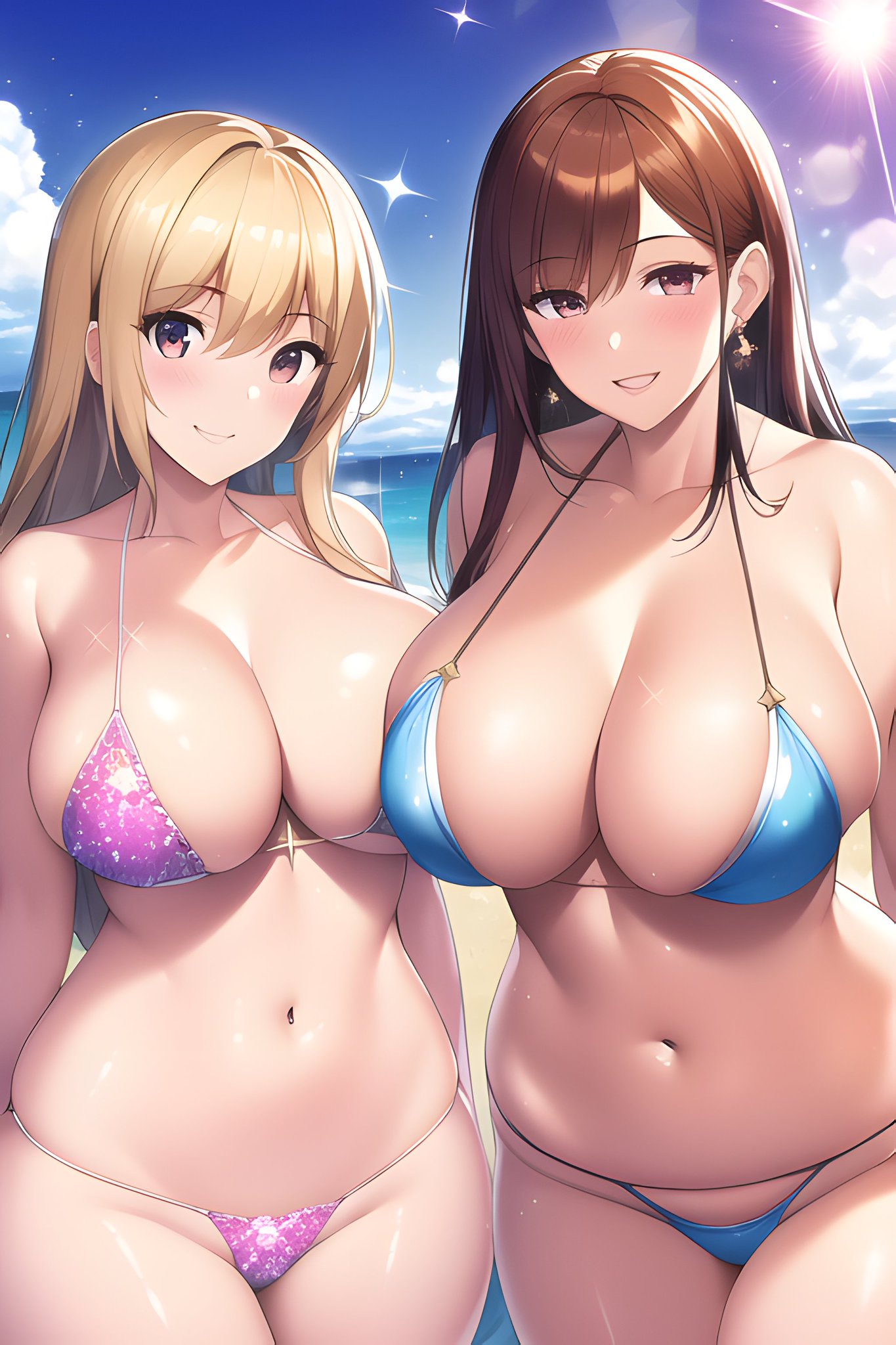 2girls, ai generated, big breasts, bikini top, breasts, bulging breasts, curvaceous, curvy female, female, female only, long hair, looking at viewer, multiple females, multiple girls, nai diffusion, original, stable diffusion, voluptuous, voluptuous female