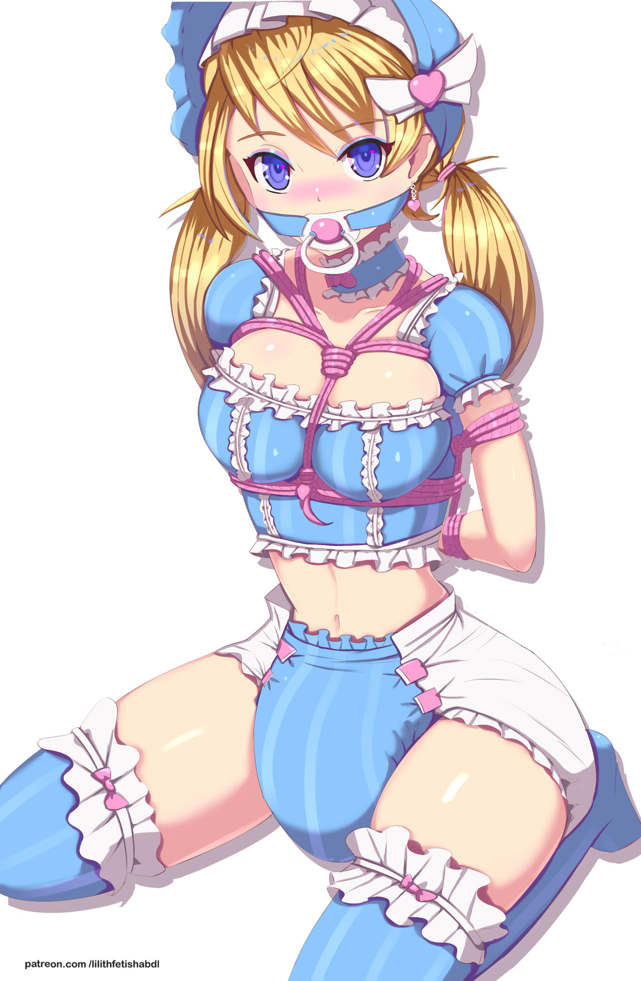 1girls arms_tied_behind_back blonde_hair blue_bonnet blue_crop_top blue_diaper blue_thighhighs bondage bonnet breasts choker crop_top detached_sleeves diaper earrings frilled_choker gag gagged heart_earrings kneeling lilith-fetish looking_at_viewer medium_breasts midriff navel pacifier pacifier_gag purple_eyes rope rope_between_breasts rope_bondage sofia's_secret thighhighs twintails valentina_(sofa's_secret)