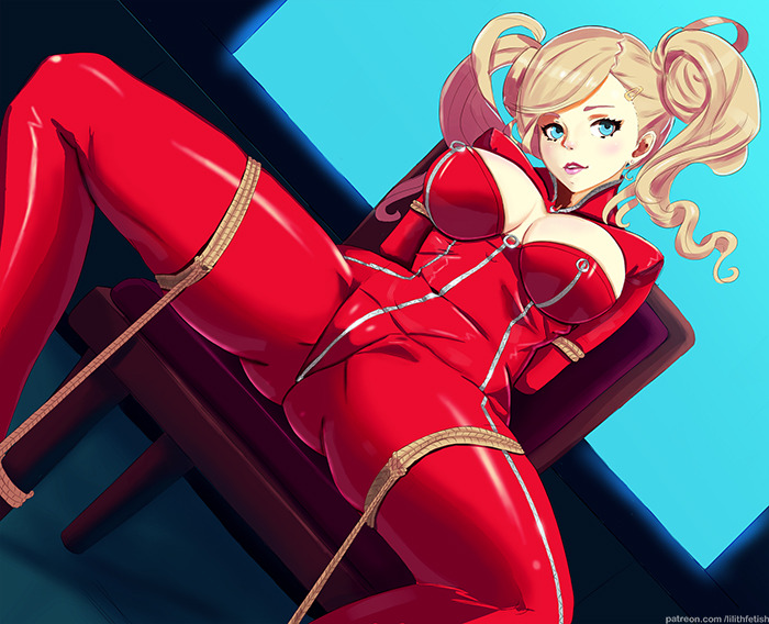 1girls ann_takamaki arms_tied_behind_back blonde_hair blue_eyes blue_screen bodysuit bondage breasts chair crotch_zipper earrings hairclip large_breasts latex latex_bodysuit legs_held_open legs_tied lilith-fetish looking_at_viewer nipple_zipper persona persona_5 red_bodysuit rope rope_bondage screen sitting_on_chair twintails zipper zipper_pull_tab