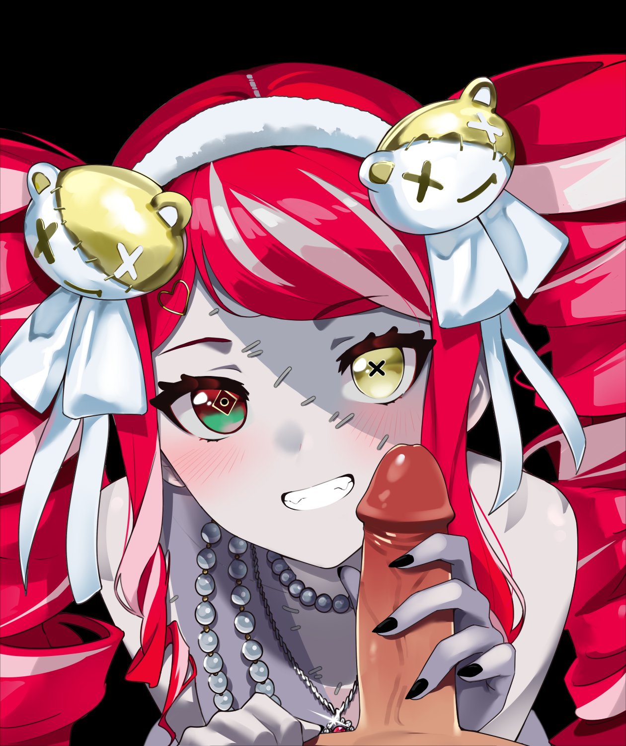black fingernails, black nails, drill hair, female, handjob, hololive, hololive indonesia, hololive indonesia holoro, kureiji ollie, nails, painted nails, patchwork skin, pov, red hair, virtual youtuber, yuyu5x, zombie, zombie girl