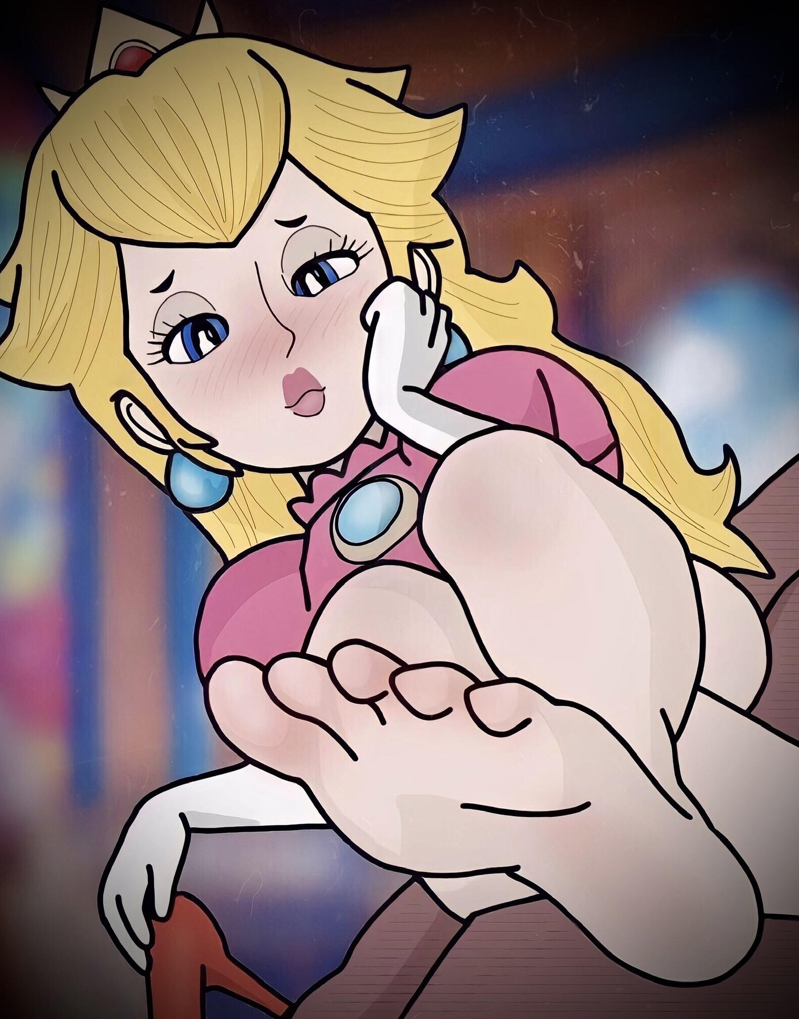 blonde hair, blue eyes, blush, clothing, crown, cute, feet, feet up, female, female only, foot fetish, foot focus, gloves, half-dressed, light skin, light-skinned female, lipstick, long hair, mario (series), nervous, no shoes, princess, princess peach, shellzzz, smaller female, soles, solo, solo female, straight, super mario bros., thick thighs, thighs, toes, video games, white skin