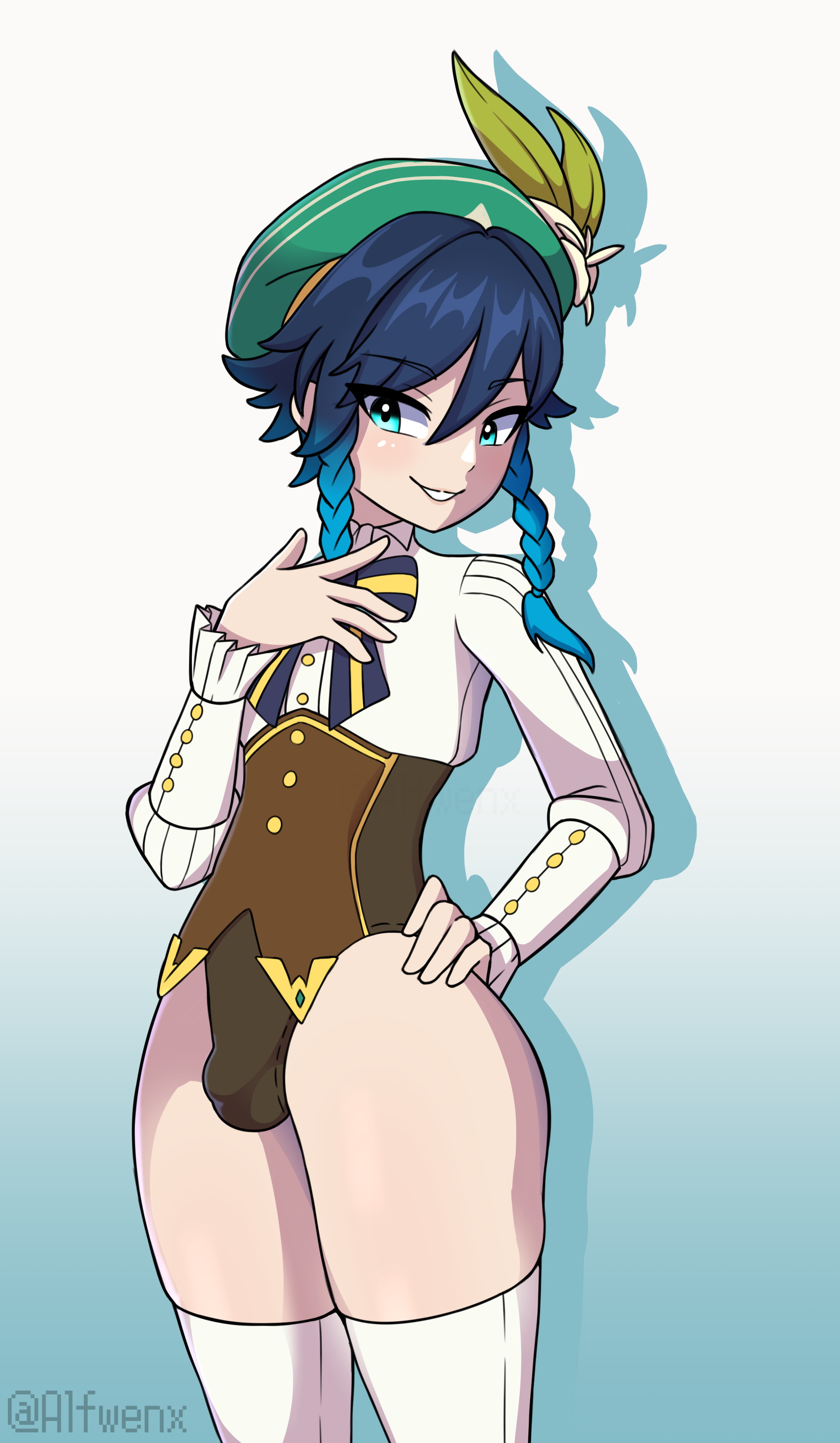 1boy, alfwenx, aqua eyes, blush, bulge, eye contact, femboy, flower in hair, genshin impact, girly, hand on hip, hat, looking at viewer, male, male only, penis, small penis, smile, solo, standing, thick thighs, thighs, twin braids, two-tone hair, venti (genshin impact), wide hips