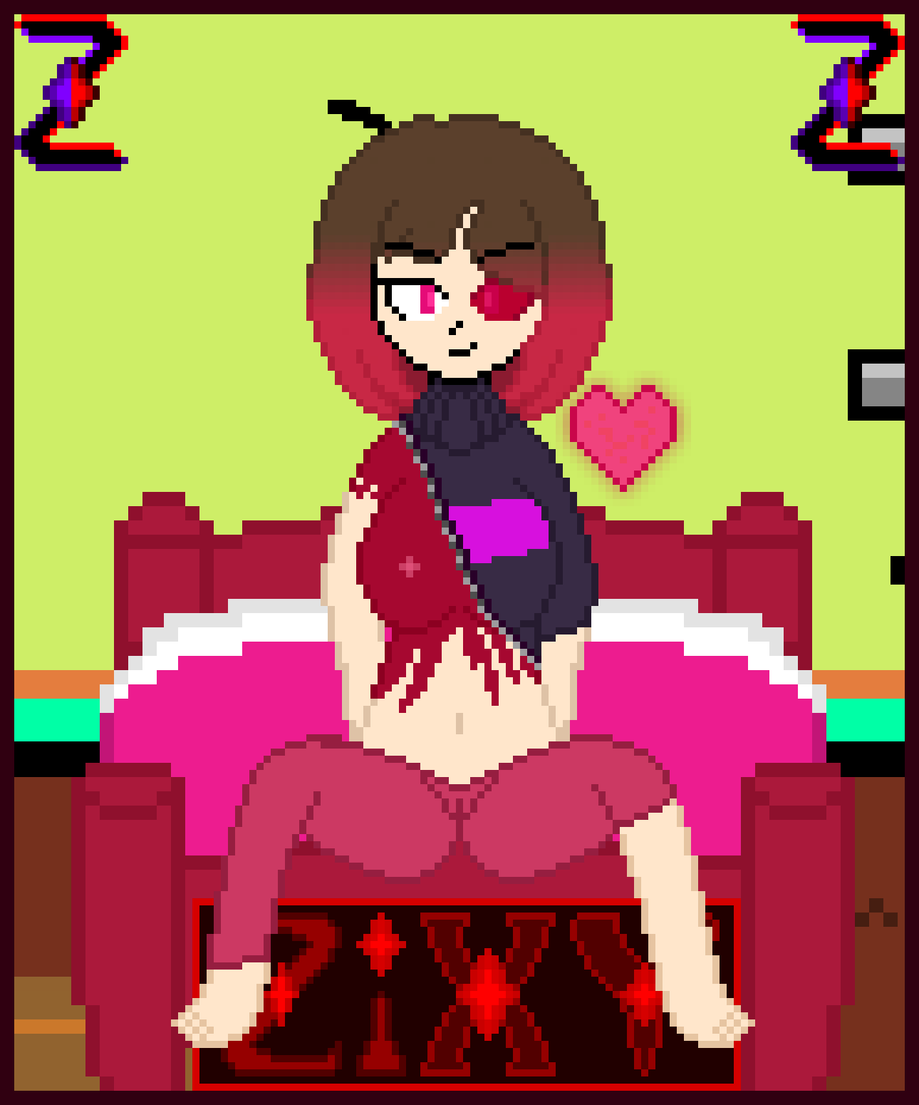 2d bete_noire breasts breasts_out brown_hair closed_eyes different_eye_color glitchtale half_clothed half_nude pink_hair pink_highlights pixel_art self_upload smirking undertale undertale_(series) undertale_au z!betty zixy