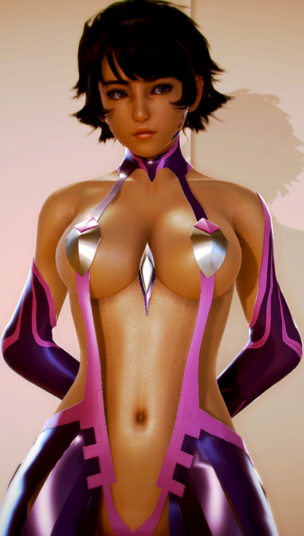 anon838227 bare_shoulders breasts brown_hair cleavage cosplay dark-skinned_female dark_skin dress female gloves josie_rizal large_breasts looking_away non-web_source reverse_bodysuit shiny short_hair solo solo_focus tekken tekken_7