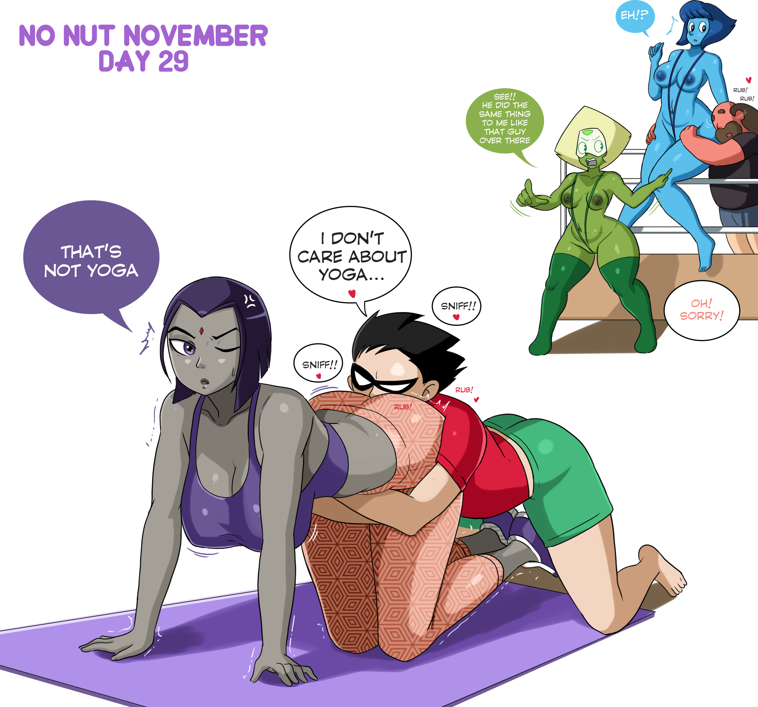 ass, ass cleavage, ass crack, ass sniffing, ass worship, bikini, breasts, butt crack, crossover, dc, dc comics, dick grayson, female, greg universe, grope, grope from behind, lapis lazuli (steven universe), male, no nut november, peridot (steven universe), rachel roth, raven (dc), robin (dc), robin (dick grayson), small breasts, steven universe, teen titans, vn simp, yoga, yoga pants