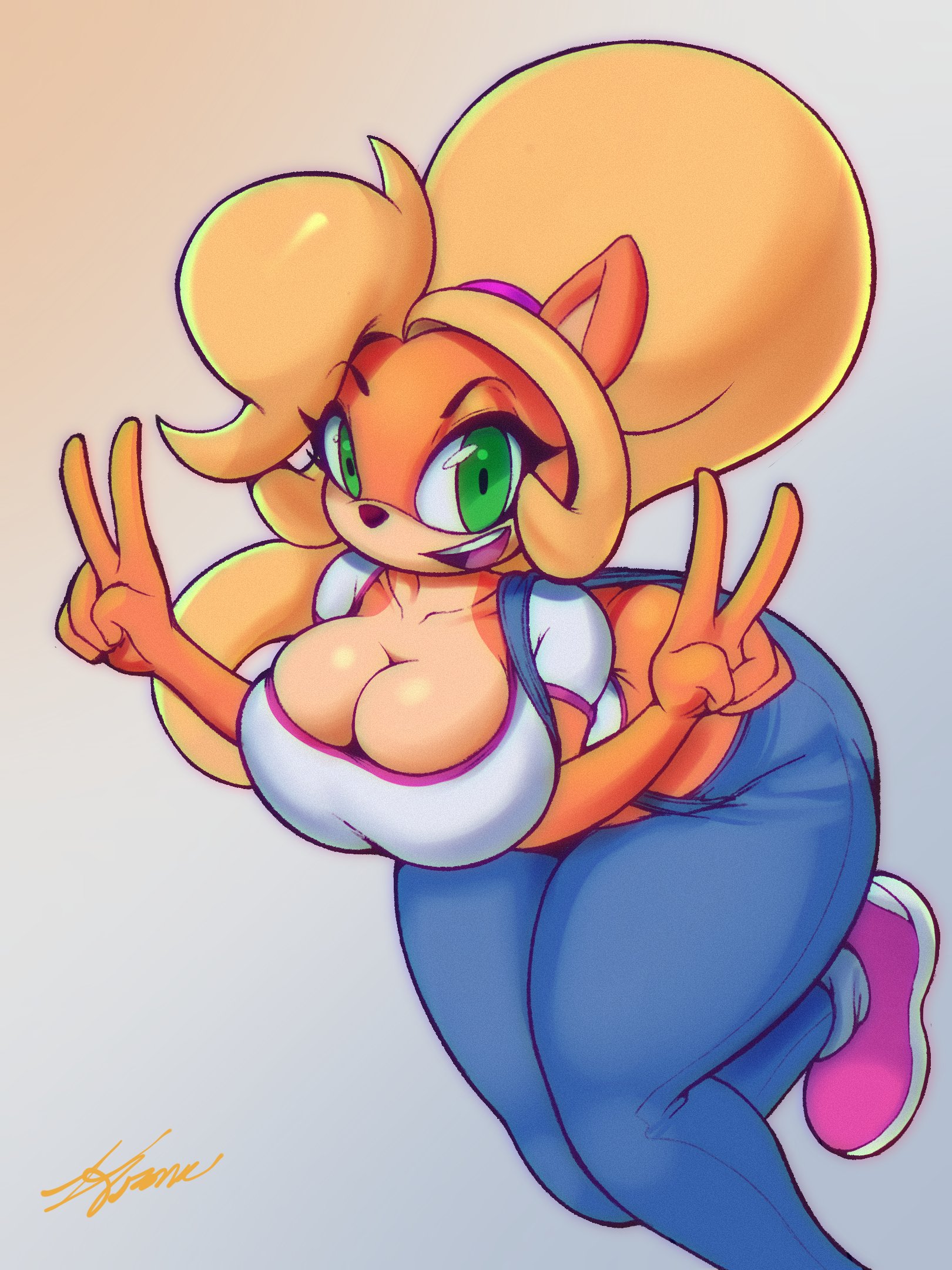 1girls, anthro, anthro only, anthrofied, ass, ass cleavage, ass crack, bakunyuu, big ass, big breasts, big butt, big eyes, big hair, blonde hair, blue jeans, bottom heavy, breasts, butt crack, clothed, clothes, clothing, coco bandicoot, crash (series), crash bandicoot (series), curvy, female, female only, fully clothed, gesture, gradient background, green eyes, grey background, hips, huge ass, huge breasts, huge butt, humanoid, jeans, large ass, large breasts, large butt, lowleg, lowleg pants, monochrome, orange background, orange fur, pants, peace sign, pink footwear, pink sneakers, shirt, short sleeves, signature, sneakers, solo, solo female, thick, thick ass, thick thighs, thighs, tied hair, tight jeans, v, wide hips, zframe