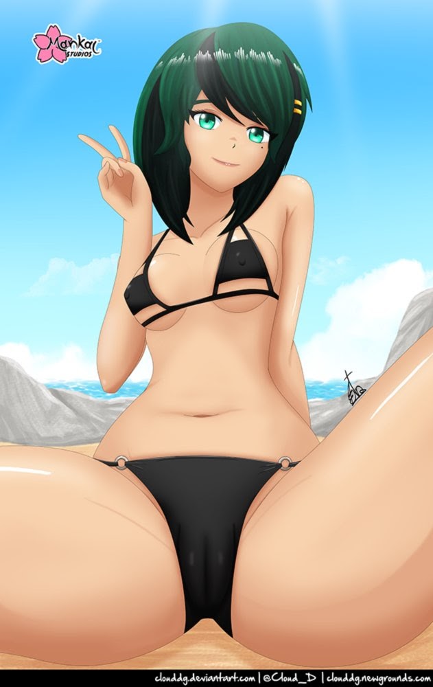 beach big_ass bikini clouddg cute eliza_deluna green_eyes green_hair large_ass outside petite small_breasts tan_body tanned_skin teal_eyes teal_hair two_tone_hair