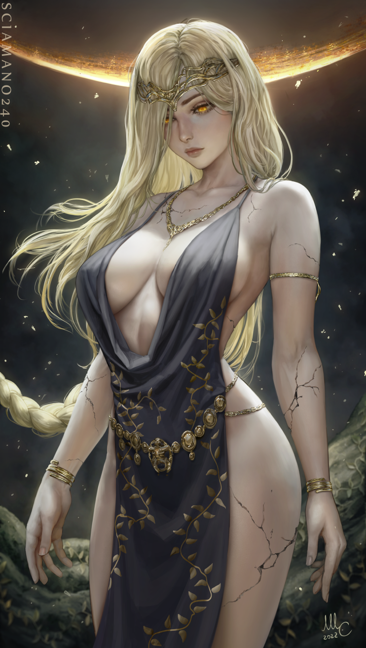 1girls barely_clothed big_ass big_breasts blonde_hair cleavage crown dress elden_ring exposed_ass female female_only fromsoftware glowing_eyes gold_eyes hartman_hips jewelry long_hair milf orange_eyes queen_marika_the_eternal realistic revealing_clothes sciamano240 semi-realism solo sreal wide_hips