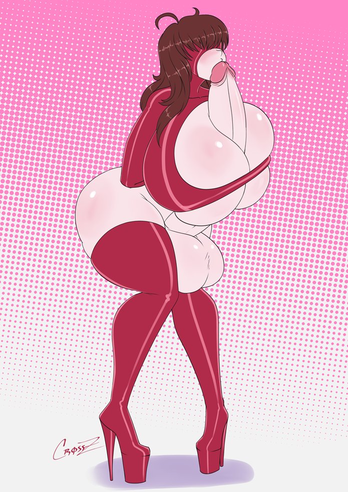 1futa ahoge autofellatio autopaizuri balls big_ass big_butt blindfold blindfolded breasts brown_hair cleavage clothed clothing cross_z erection full_body futa_only futanari futasub gigantic_breasts hands-free hands-free_paizuri hands_behind_back high_heels higher_resolution_duplicate huge_breasts huge_cock human knees_together_feet_apart latex light-skinned_futanari light_skin long_hair masturbation mostly_nude penis red_hair solo standing tan thick_thighs underboob wide_hips