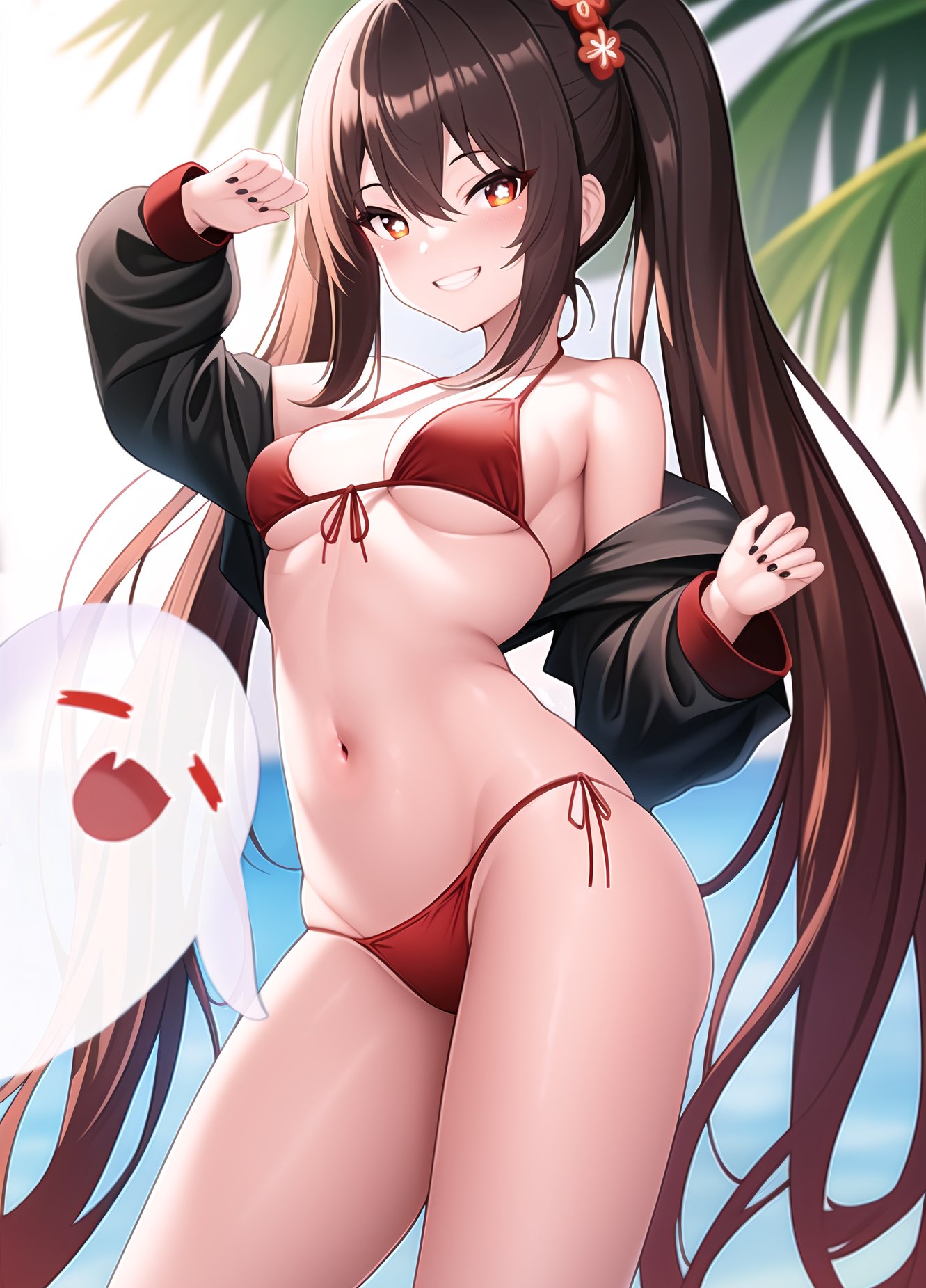 1girls, ai generated, beach, bikini, blush, breasts, female, female only, genshin impact, ghost, hu tao (genshin impact), nai diffusion, red bikini, small breasts, smile, stable diffusion, thin waist, twintails, underboob