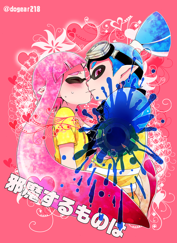 1boy agent_3_(splatoon) anthro blue_hair blush cephalopod cephalopod_humanoid closed_eyes color couple domino_mask female goggles gun heart humanoid inkling inkling_boy inkling_girl inumimi_moeta kissing long_hair long_sleeves looking_at_viewer male_agent_3_(splatoon) mask mask_(marking) nintendo paint_splatter pointy_ears purple_eyes shirt short_hair short_sleeves splatoon squid straight straight_hair sweat tentacle tentacle_hair topknot twitter_username vest weapon