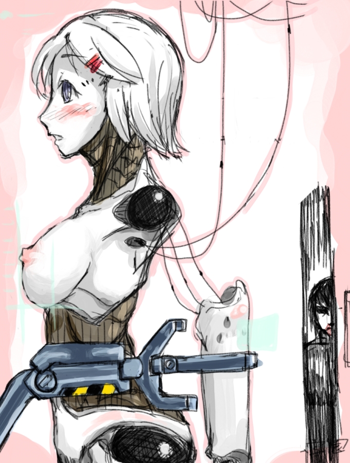 blame! hairclip killy pink_background pointy_chin robot_breasts robot_girl robot_nipples short_hair tagme white_background white_hair_female