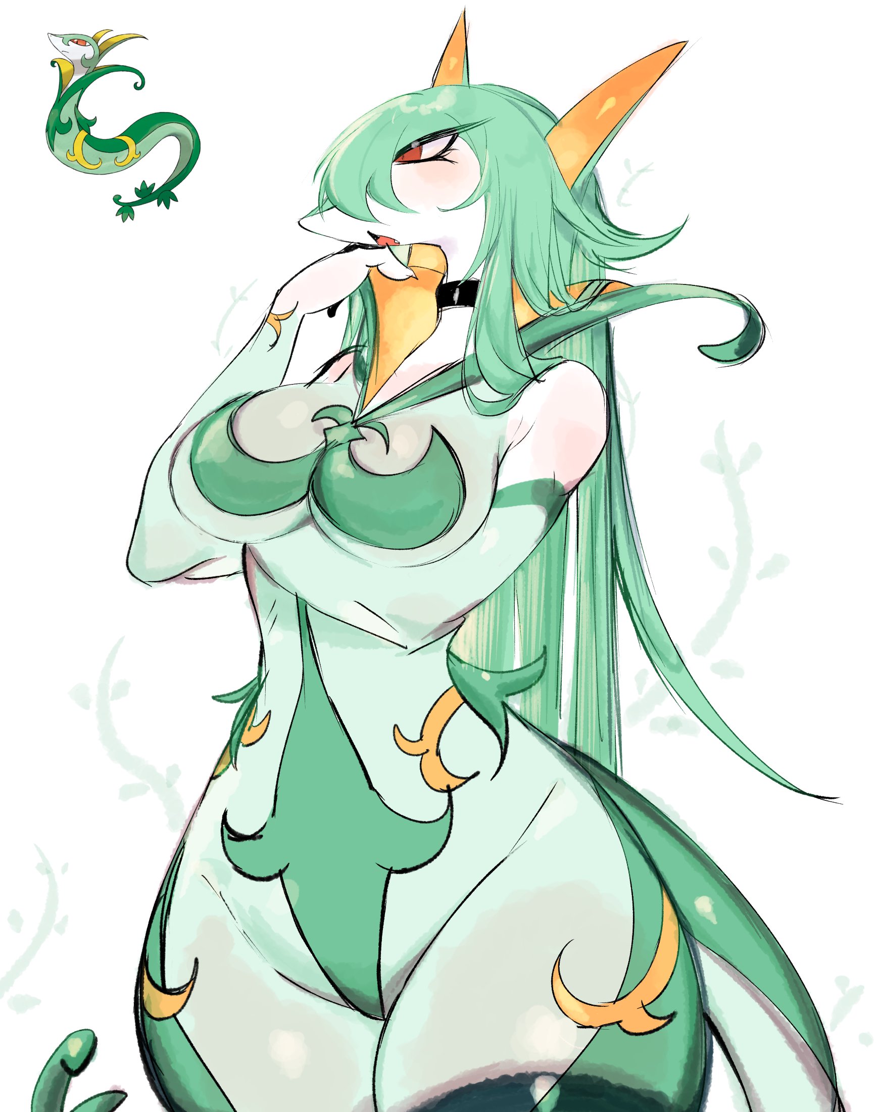 2020s, 2023, blush, breasts, claws, collar, eyelashes, fang, female, female only, furry, furry only, green body, green hair, green skin, long hair, medium breasts, multicolored body, nintendo, pokemon, pokemon (species), pokemon bw, red eyes, serperior, snake, snake girl, tongue, usa37107692, vines, white skin
