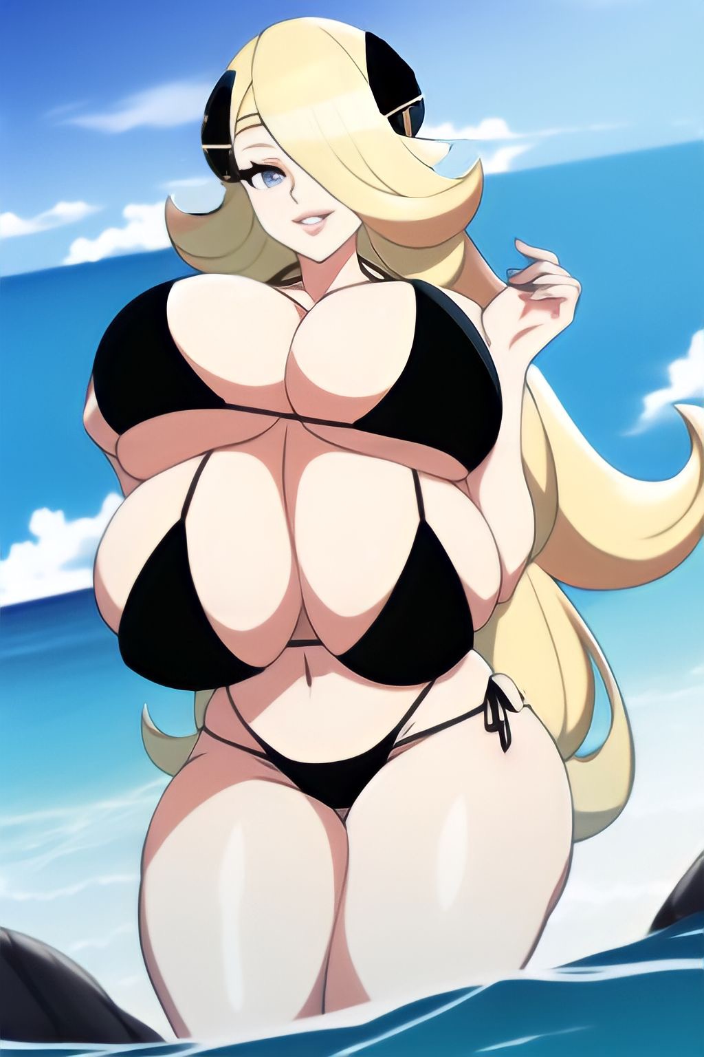 4_breasts ai_generated bangs beach big_breasts big_lips bikini black_bikini blonde_hair breasts cleavage covered_breasts curvy cynthia_(pokemon) hair_ornament hair_over_one_eye huge_breasts long_hair multi_breast nai_diffusion ocean pokemon pokemon_dppt polymastia skimpy smile stable_diffusion string_bikini tetra_ai thick_thighs very_long_hair wavy_hair