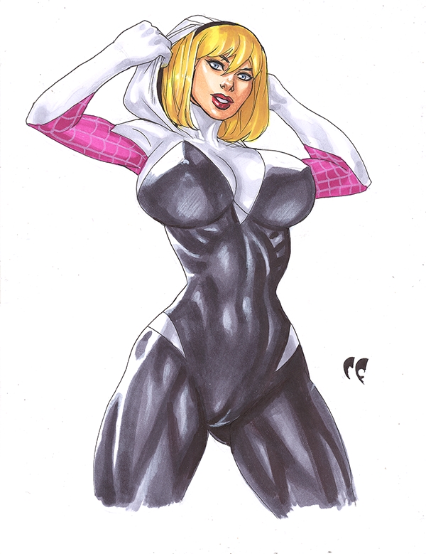 1girls, blonde hair, chris foulkes, curvaceous, curvy, curvy female, curvy figure, female, female only, gwen stacy, hairband, hourglass figure, light skin, light-skinned female, marvel, marvel comics, solo, solo female, spider-gwen, spider-man (series), straight hair, tagme, voluptuous, voluptuous female