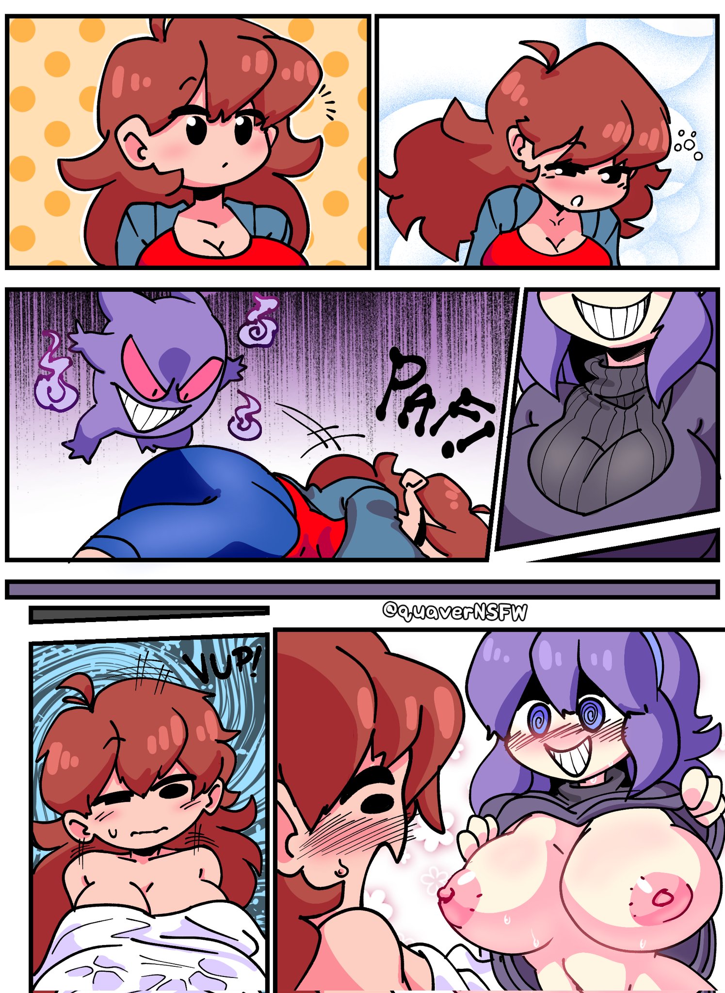 areolae, blush, breasts, cleavage, comic, creepy smile, crossover, female, friday night funkin, gengar, girlfriend (friday night funkin), hex maniac, hypnosis, kidnapped, kidnapping, pokemon, quavernsfw, shirt lift