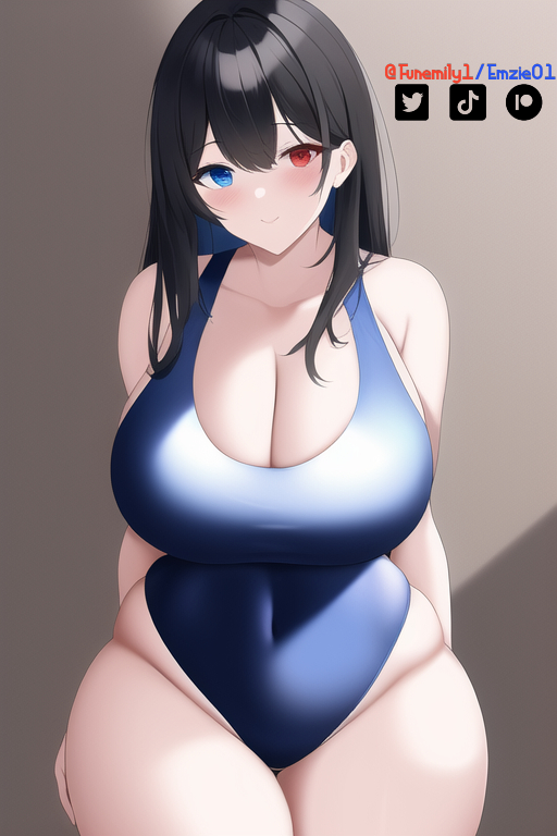 1girls ai_generated artist_self-insert blue_eyes cleavage emzie01 funemily1 heterochromia large_breasts long_hair nai_diffusion red_eyes skin_tight stable_diffusion swimsuit tagme thick_thighs thighs watermark wide_hips