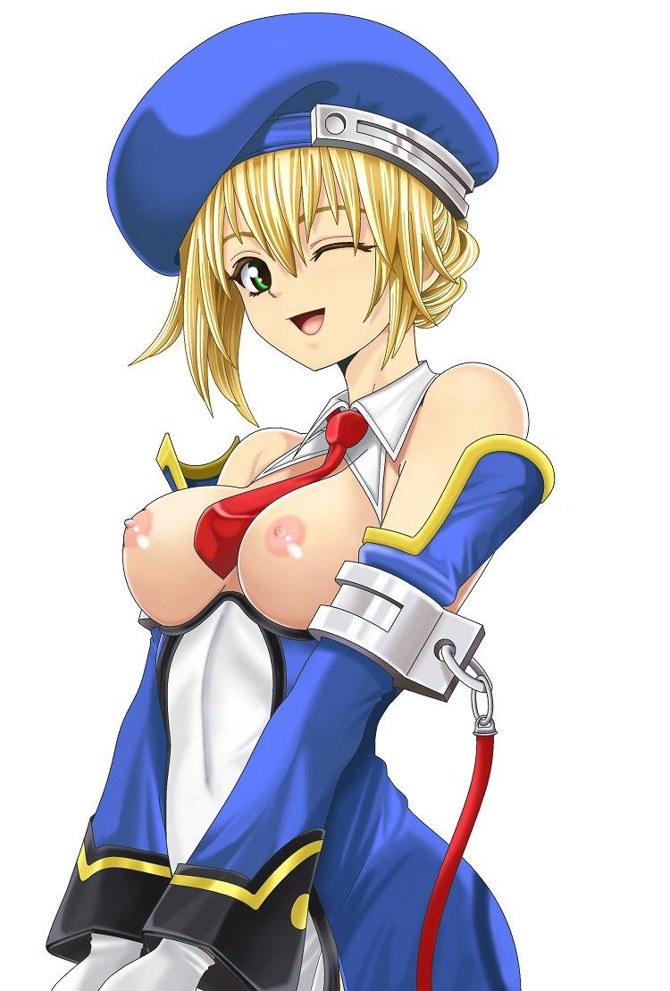 1girls arc_system_works bare_shoulders blazblue blonde_hair breasts detached_sleeves dress female female_only gloves green_eyes happy hat long_hair looking_at_viewer medium_breasts necktie nipples noel_vermillion one_eye_closed open_mouth smile solo wink